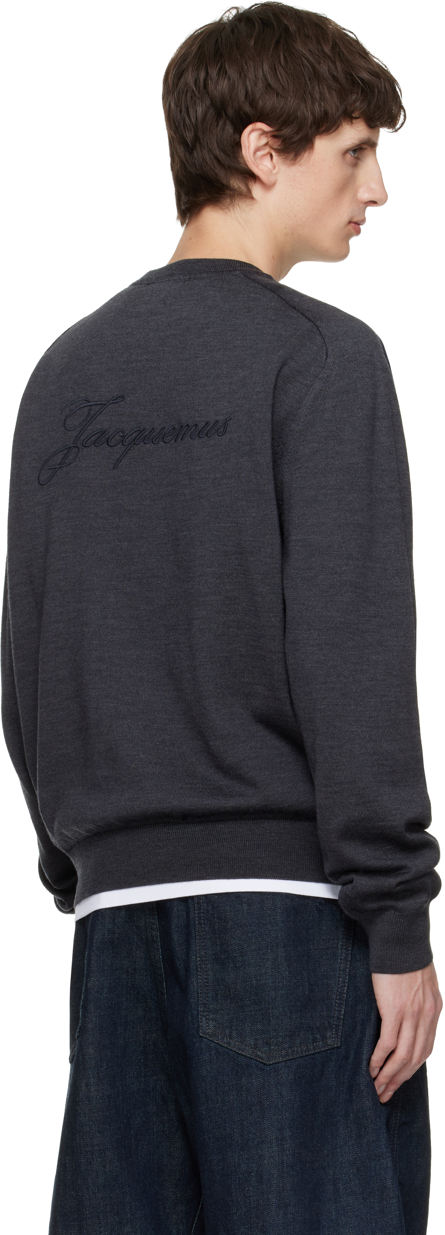 Jacquemus Long Sleeve Crewneck Sweater With Ribbed Cuffs In Blue