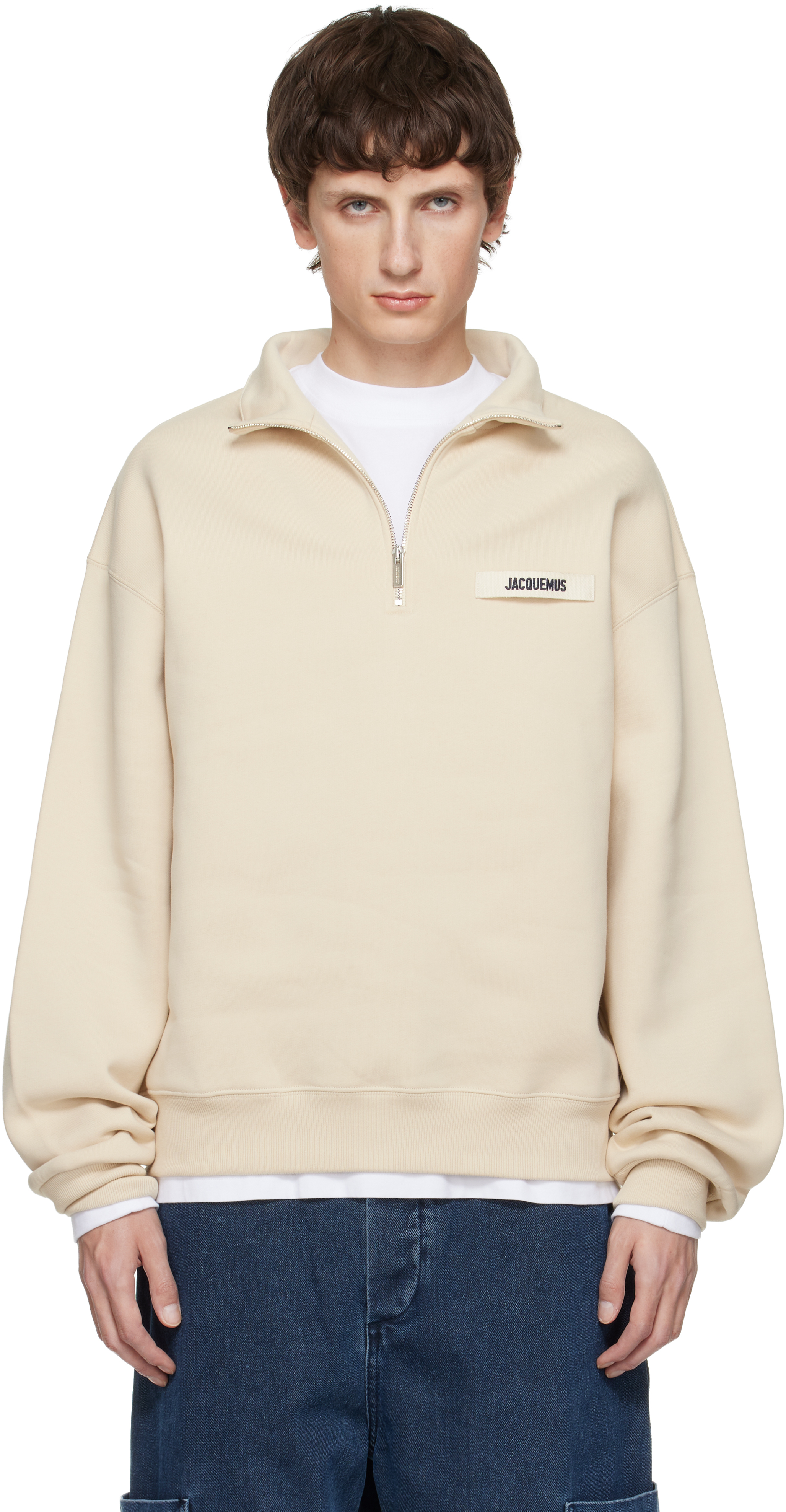 JACQUEMUS: Beige 'The Gros Grain' Zipped-Rollneck Sweatshirt | SSENSE