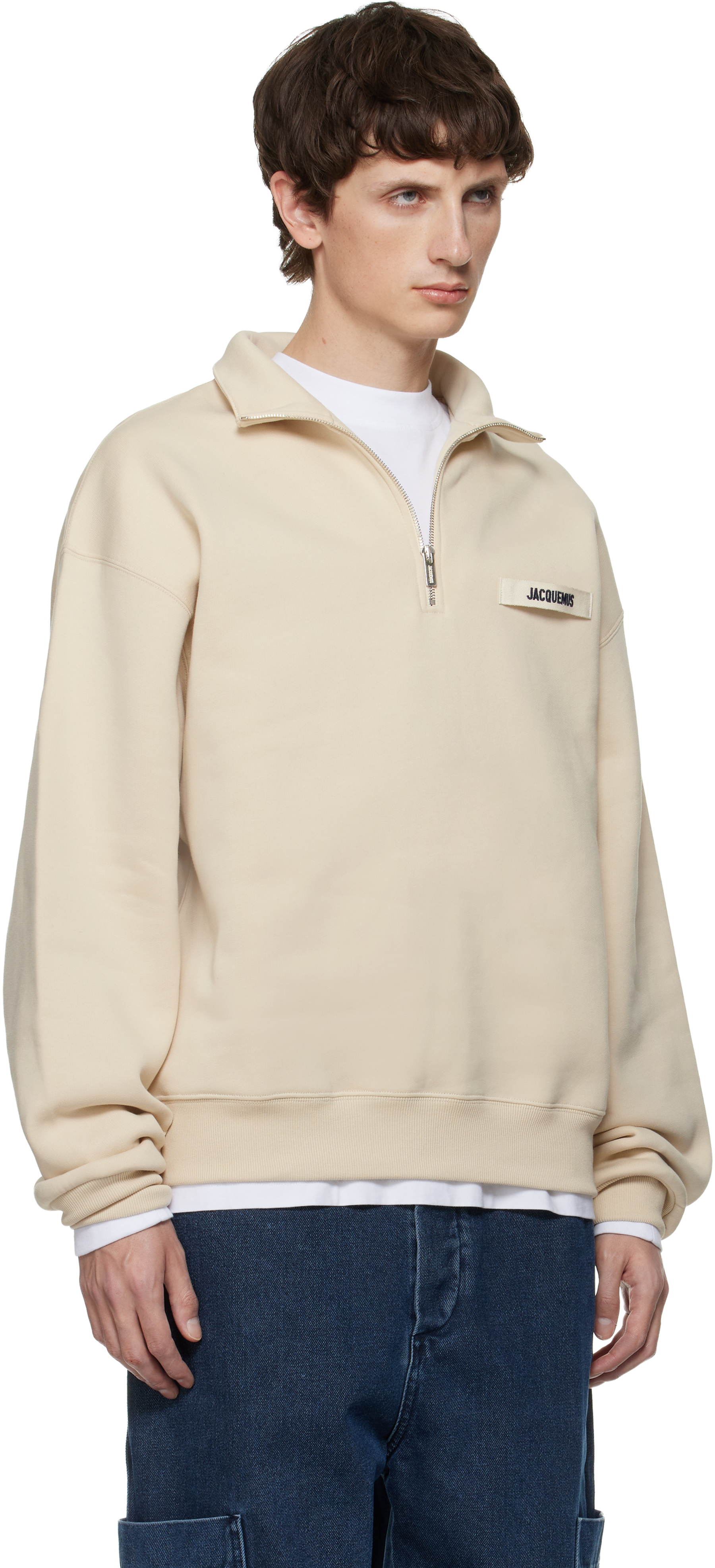 Jacquemus High-collar Cotton Pullover With Half-zip Closure In White