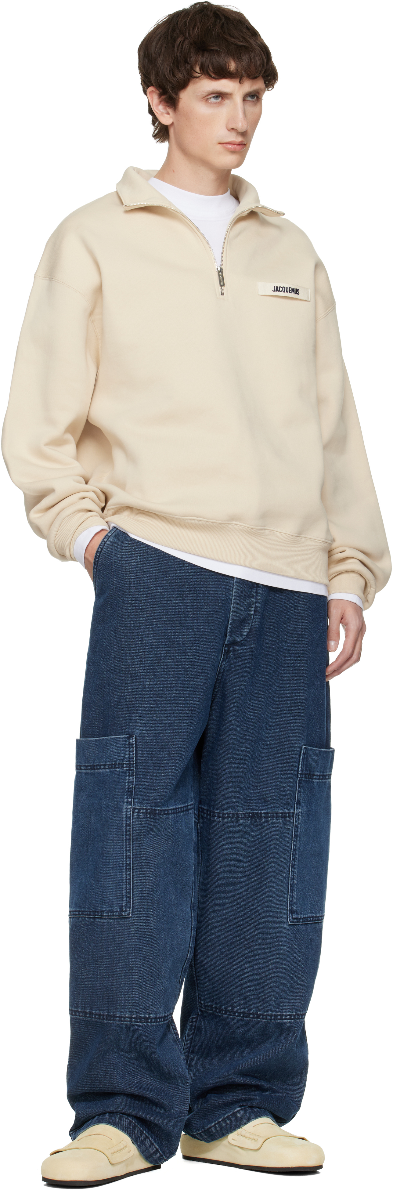 Jacquemus High-collar Cotton Pullover With Half-zip Closure In White