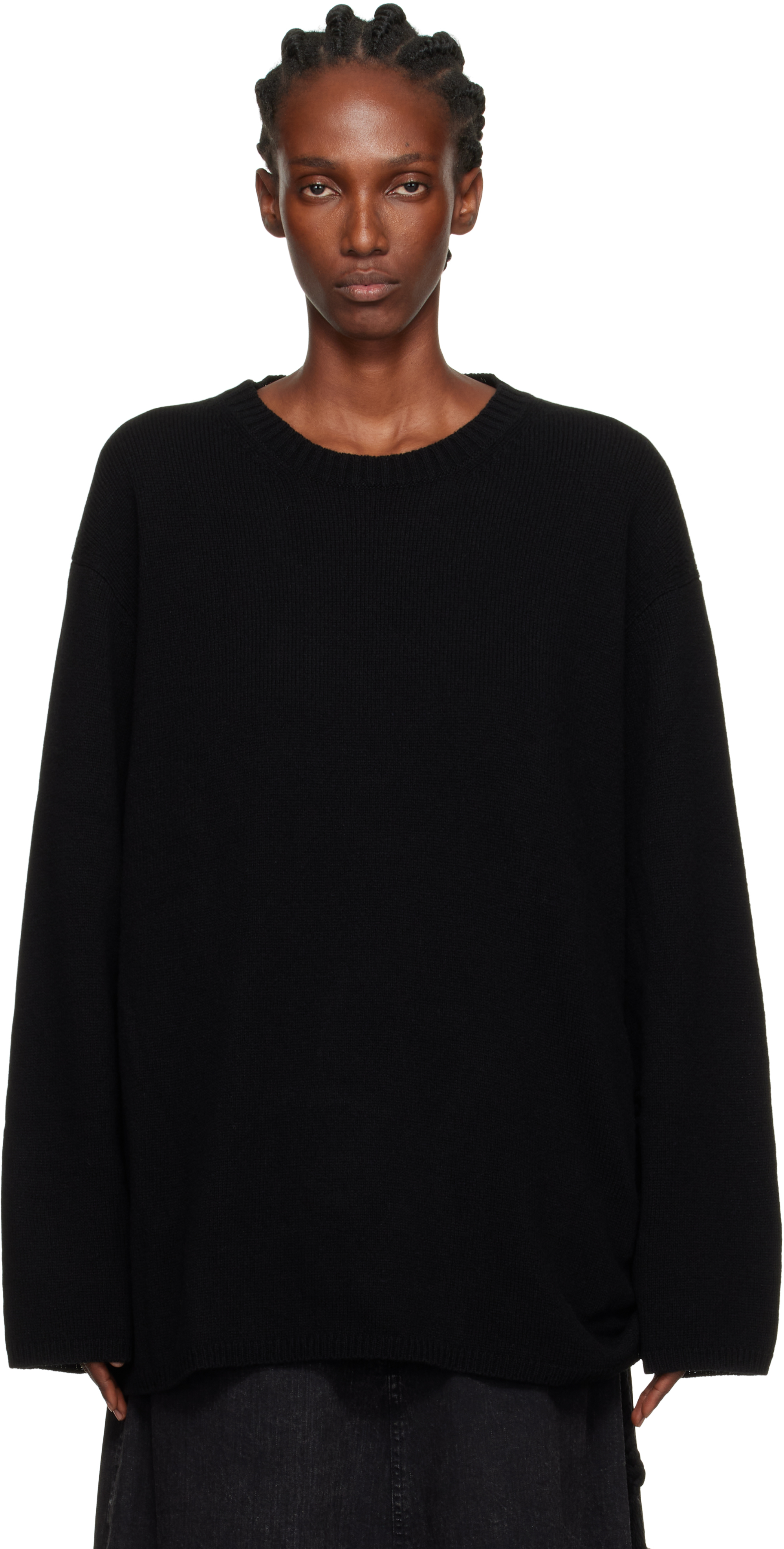 Yohji Yamamoto Black String Round Neck Sweater In Black