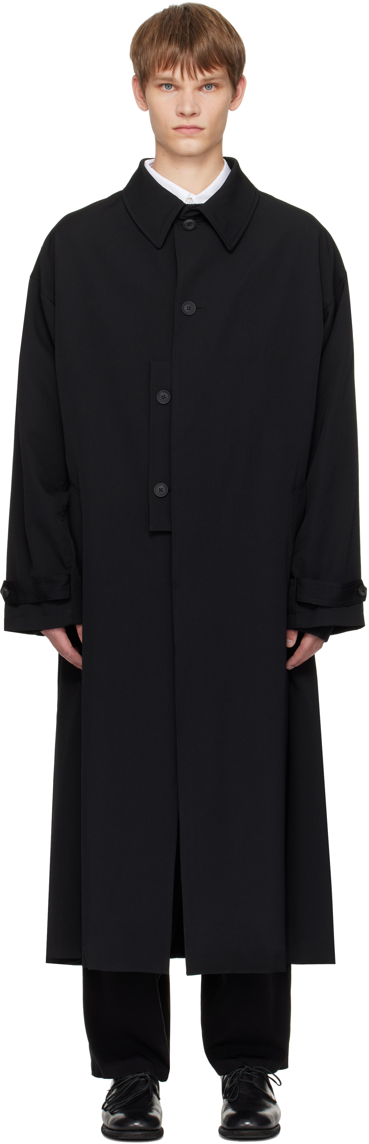 Yohji Yamamoto Black Wool Gabardine Designed Sleeve Coat In Black
