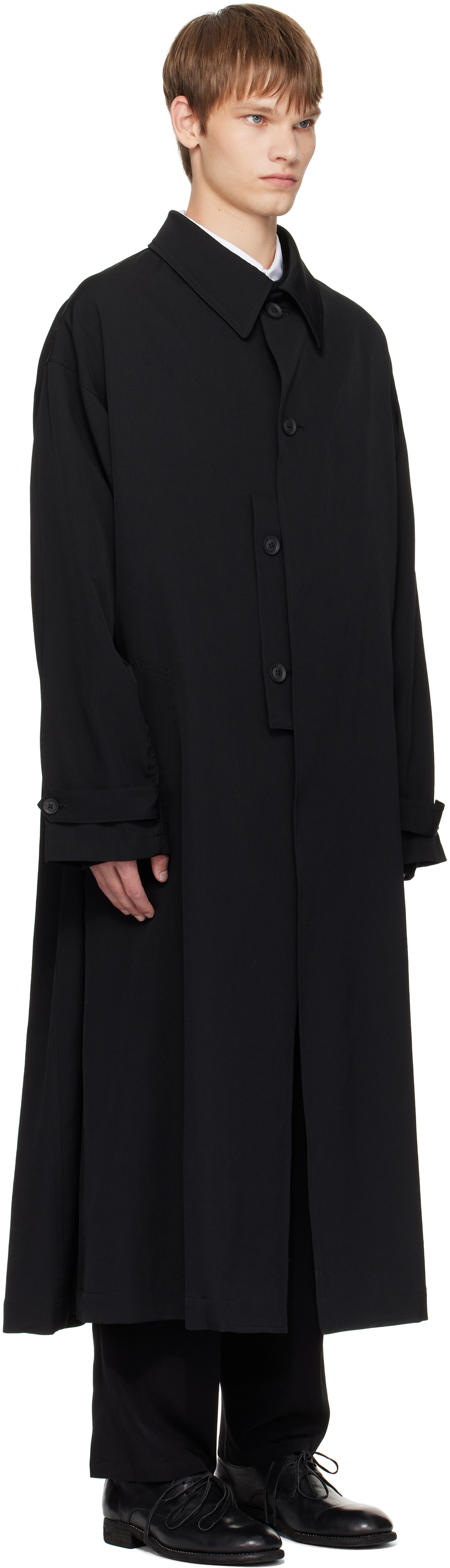 Yohji Yamamoto Black Wool Gabardine Designed Sleeve Coat In Black