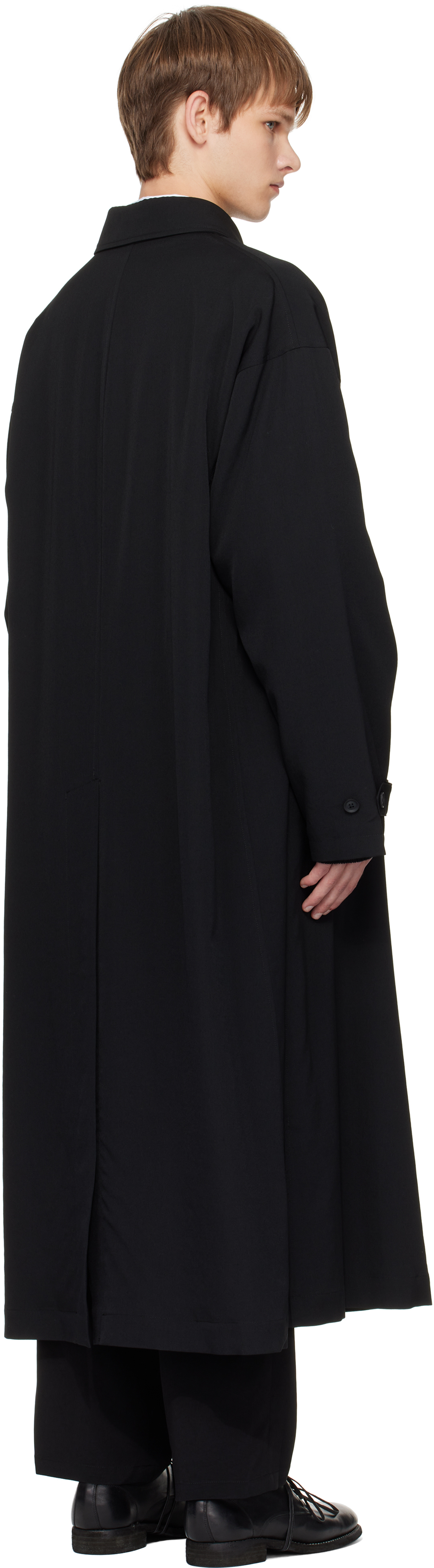 Yohji Yamamoto Black Wool Gabardine Designed Sleeve Coat In Black