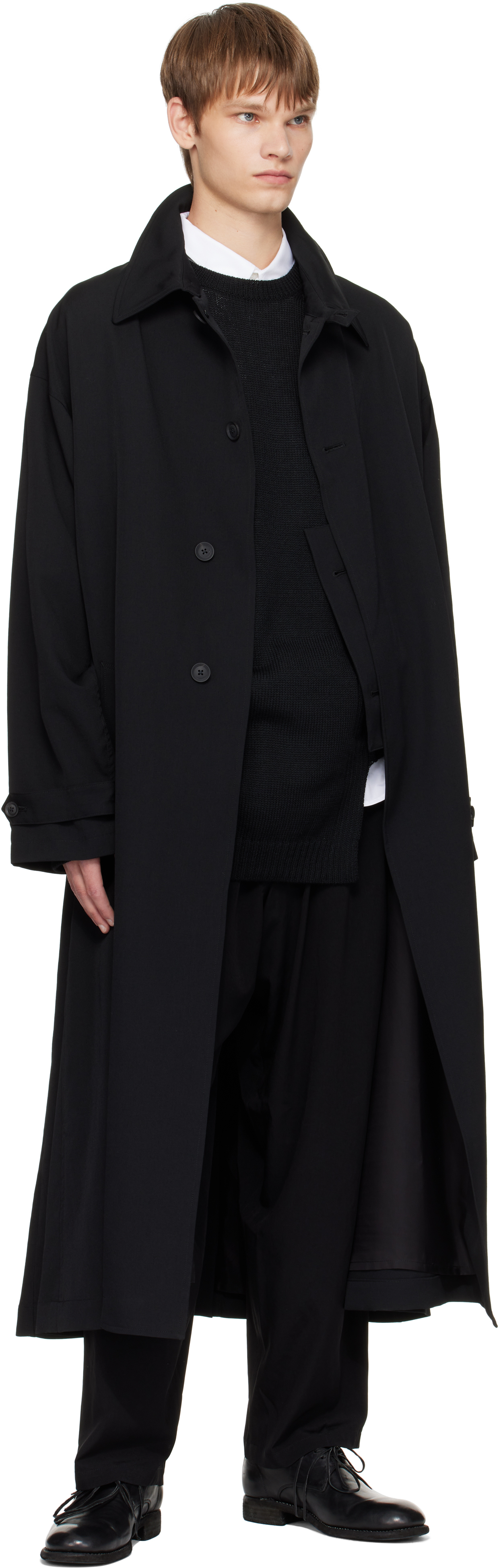 Yohji Yamamoto Black Wool Gabardine Designed Sleeve Coat In Black