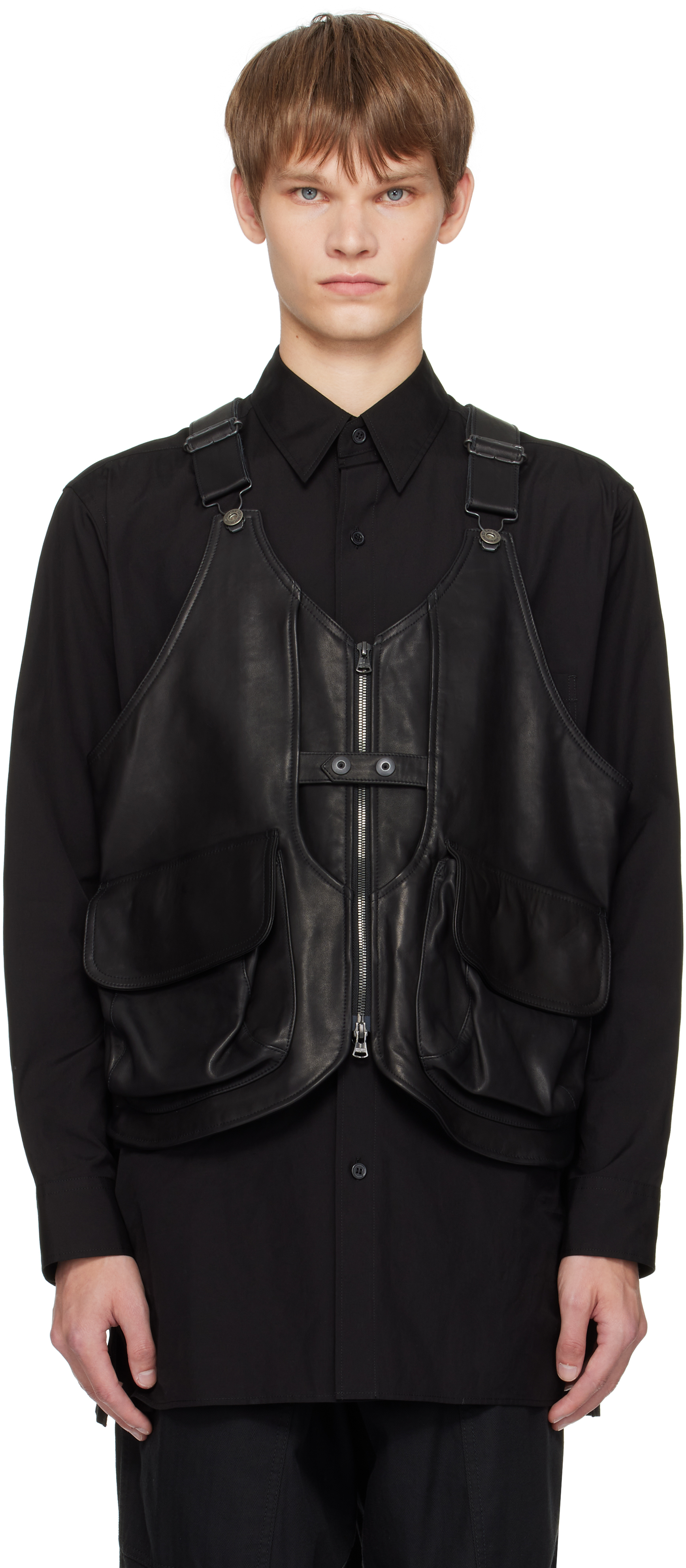 yohji yamamoto pour homme 22aw レザーベスト YOHJI YAMAMOTO: ブラック Deep-Fry Tech レザー ベスト