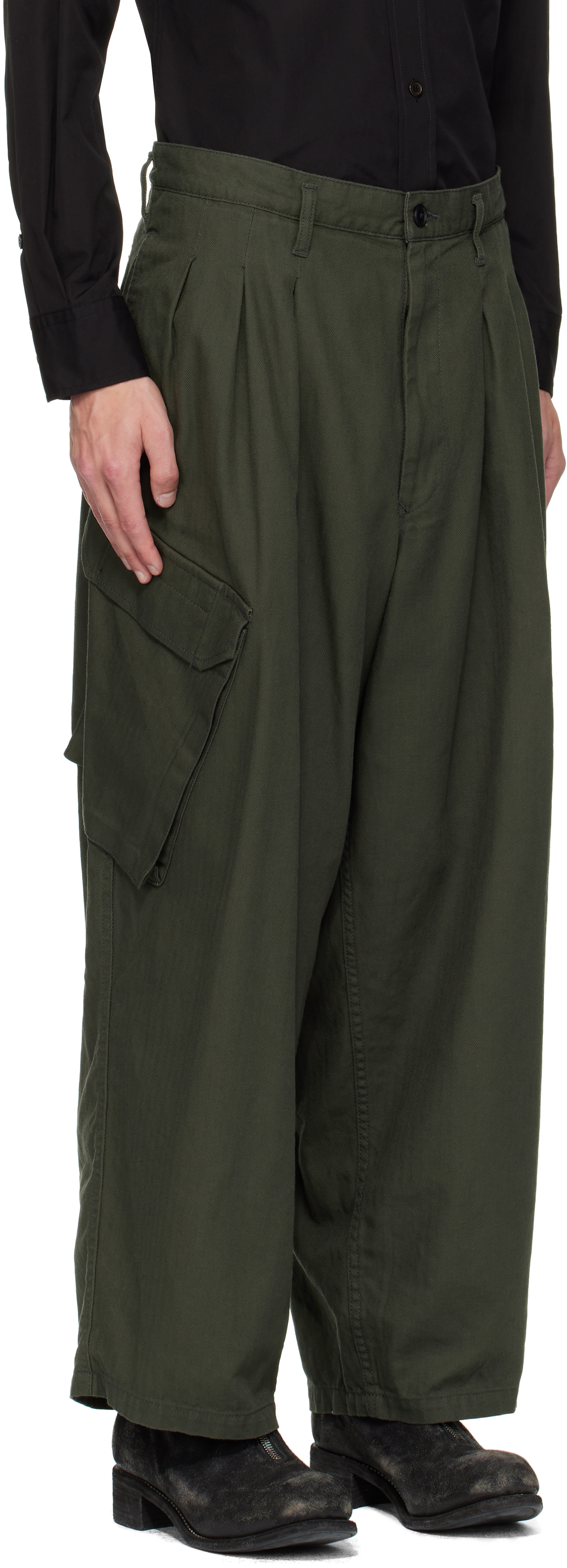 Yohji Yamamoto Khaki Bs Herringbone 12tuck Cargo Pants In Green