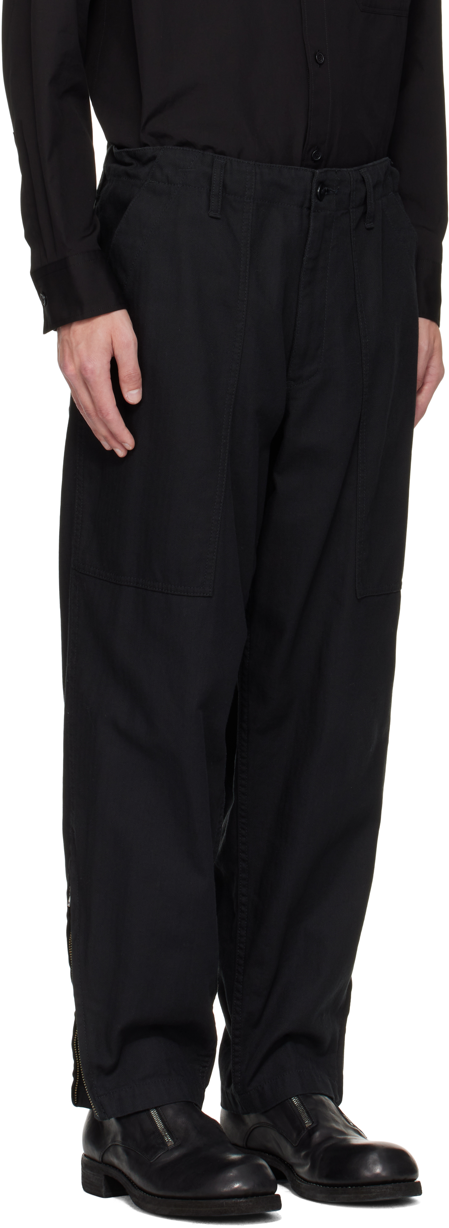 Yohji Yamamoto Black Bs Herringbone Hem Zip Painter Trousers In Multi