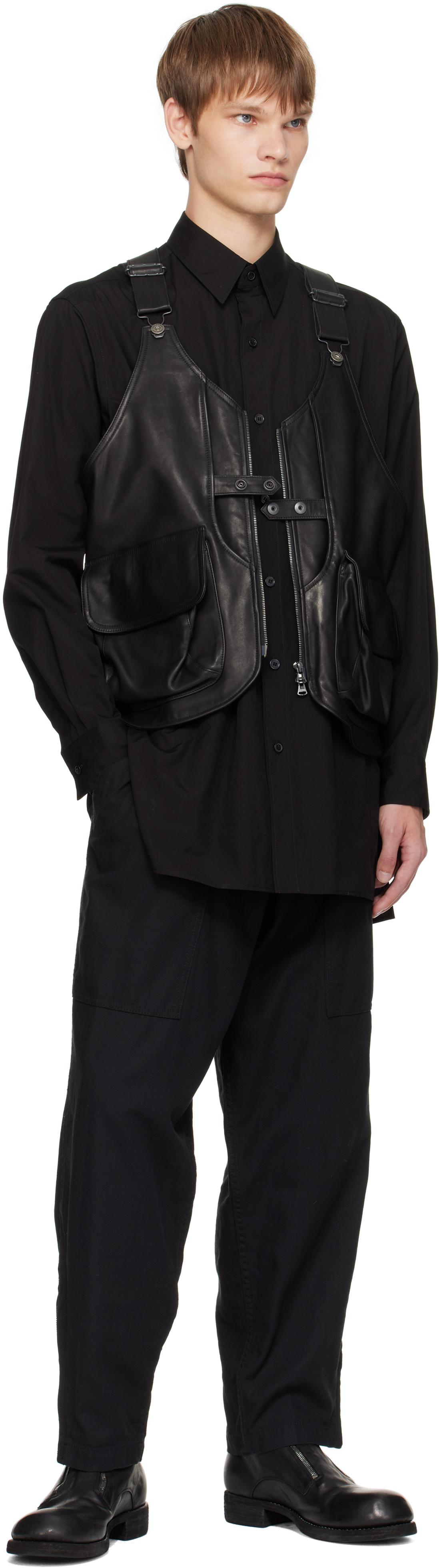 Yohji Yamamoto Black Bs Herringbone Hem Zip Painter Trousers In Multi