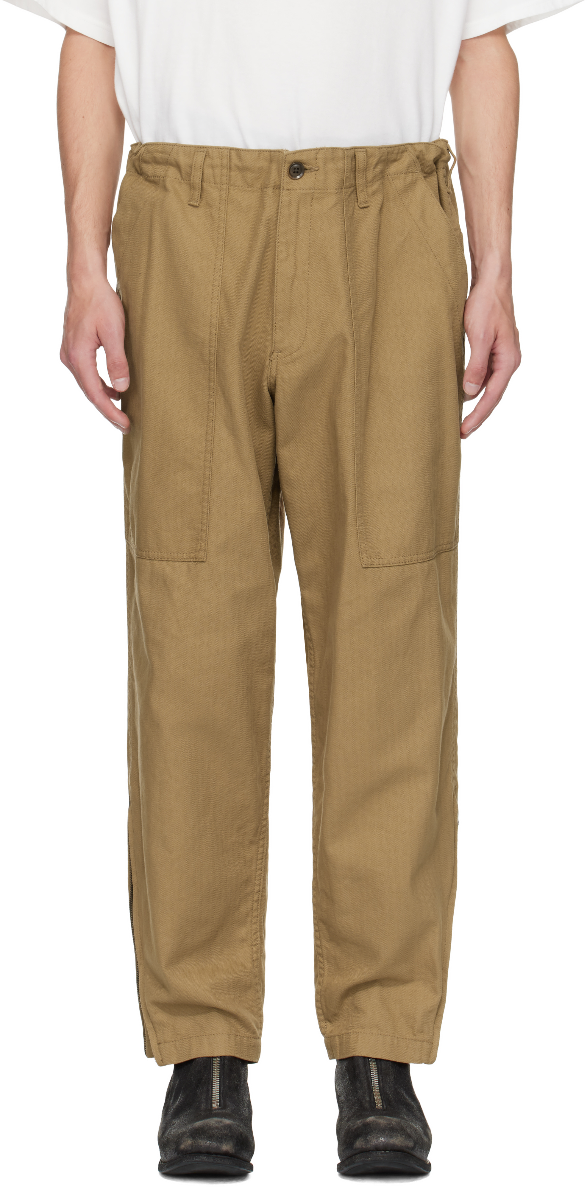 Yohji Yamamoto Beige Bs Herringbone Hem Zip Painter Trousers In Brown