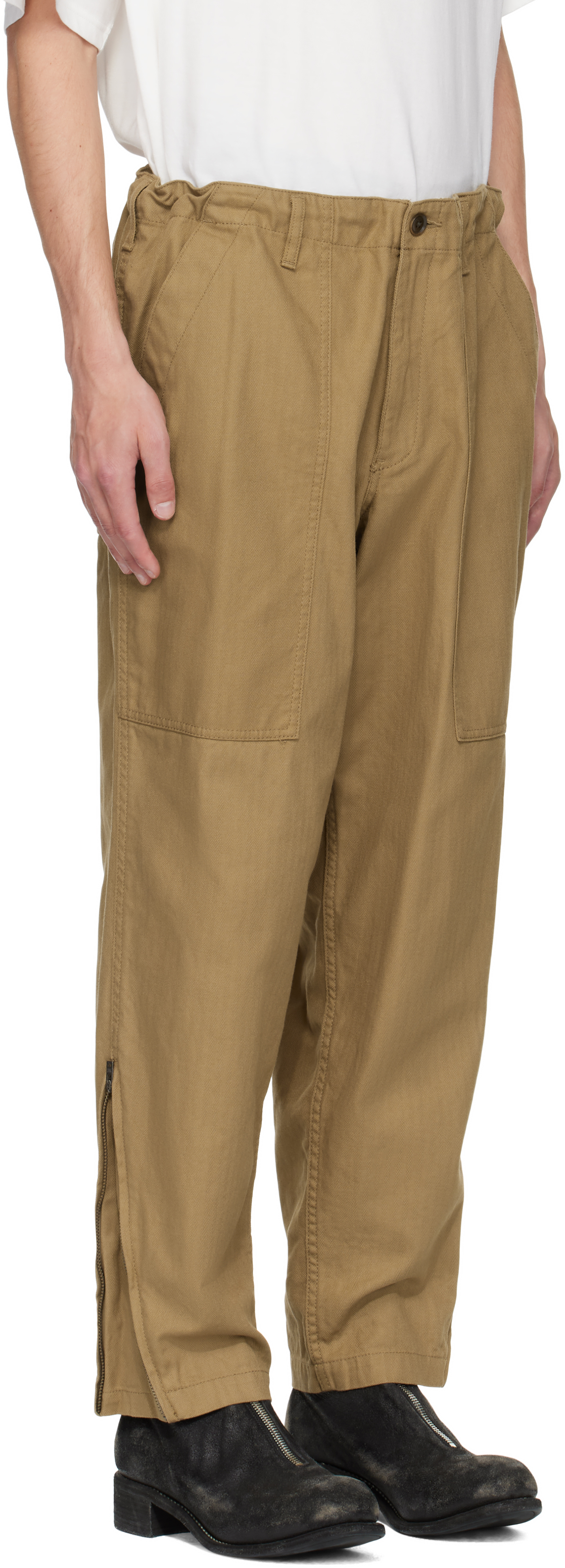 Yohji Yamamoto Beige Bs Herringbone Hem Zip Painter Trousers In Brown