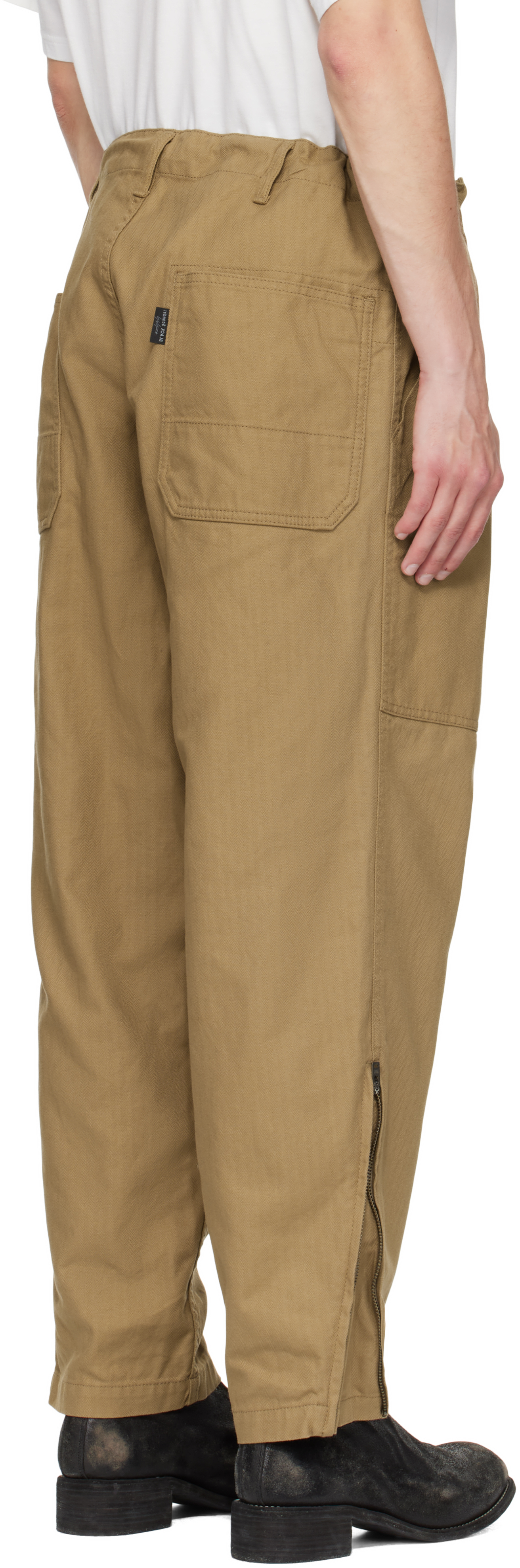 Yohji Yamamoto Beige Bs Herringbone Hem Zip Painter Trousers In Brown