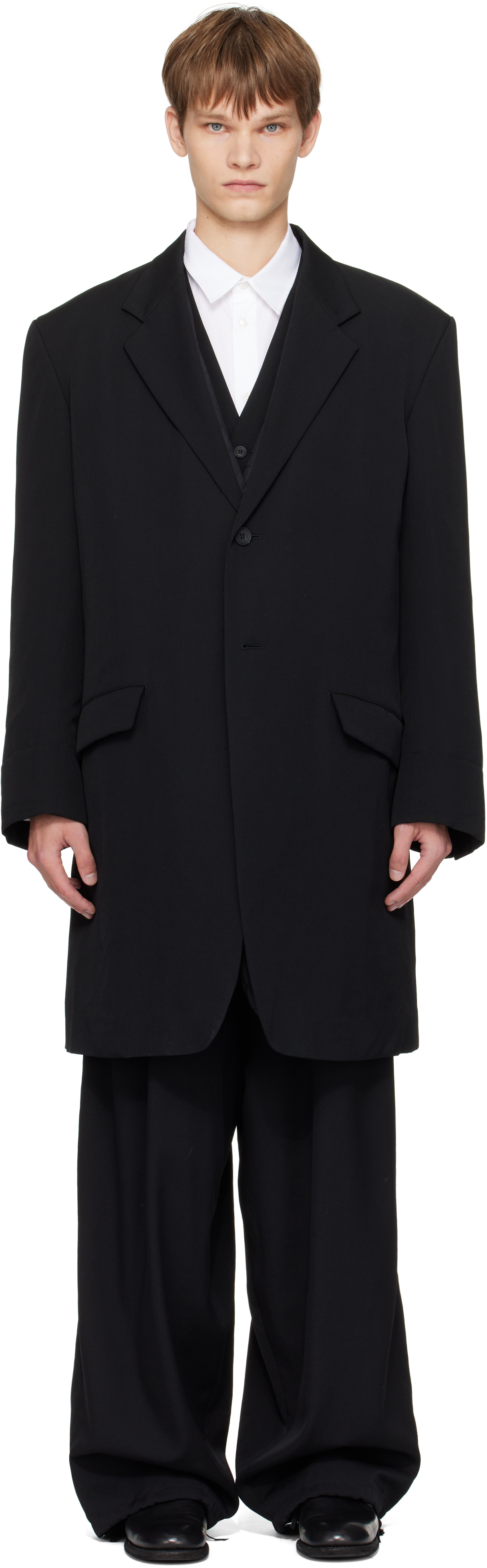 Yohji Yamamoto Black Wool Gabardine Reversible Nylon Liner & Blazer Set In Black