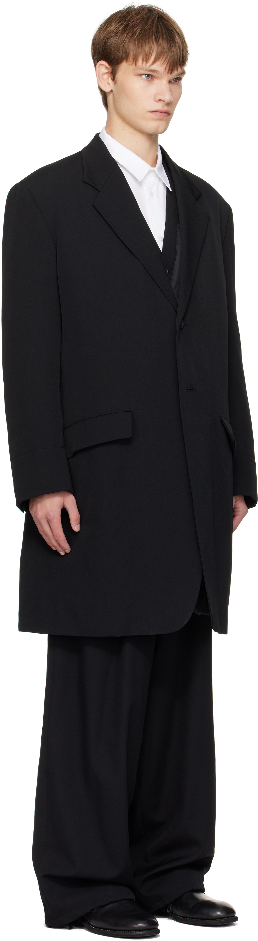 Yohji Yamamoto Black Wool Gabardine Reversible Nylon Liner & Blazer Set In Black
