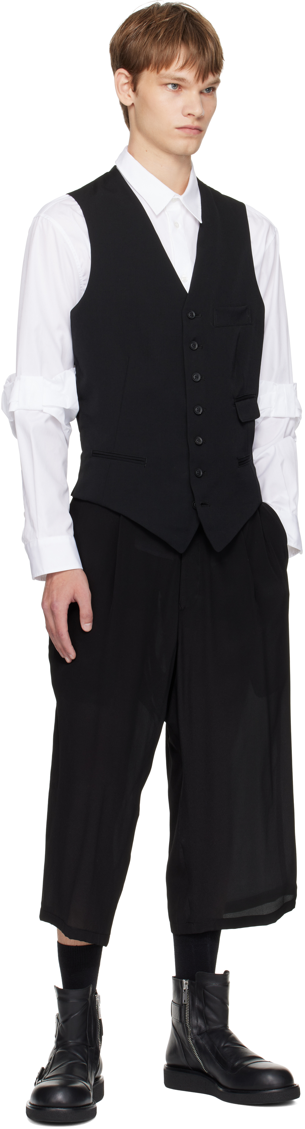 Yohji Yamamoto Black Wool Gabardine 7buttons Waistcoat In Black