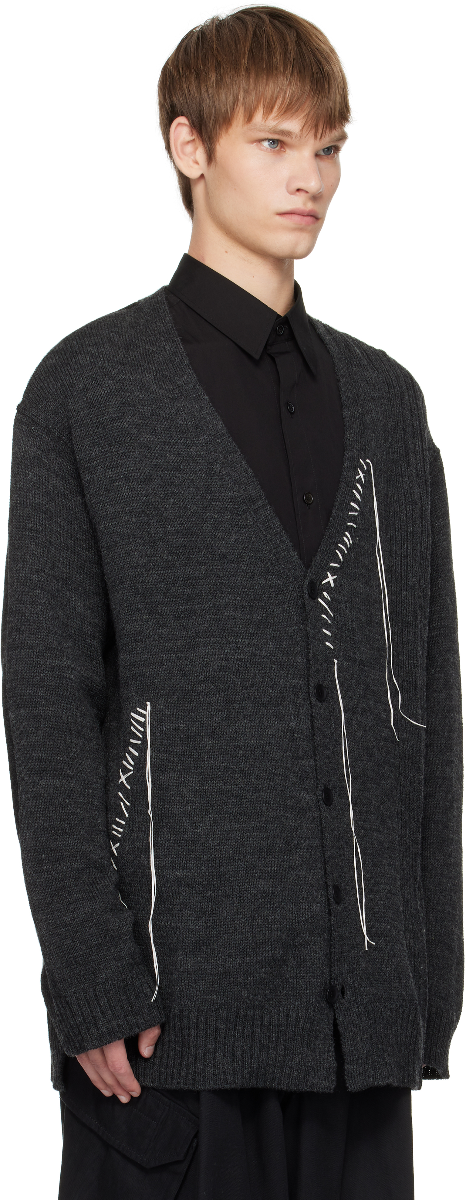 Yohji Yamamoto Gray Plain Stitch Embroidery V Neck Cardigan In Gray
