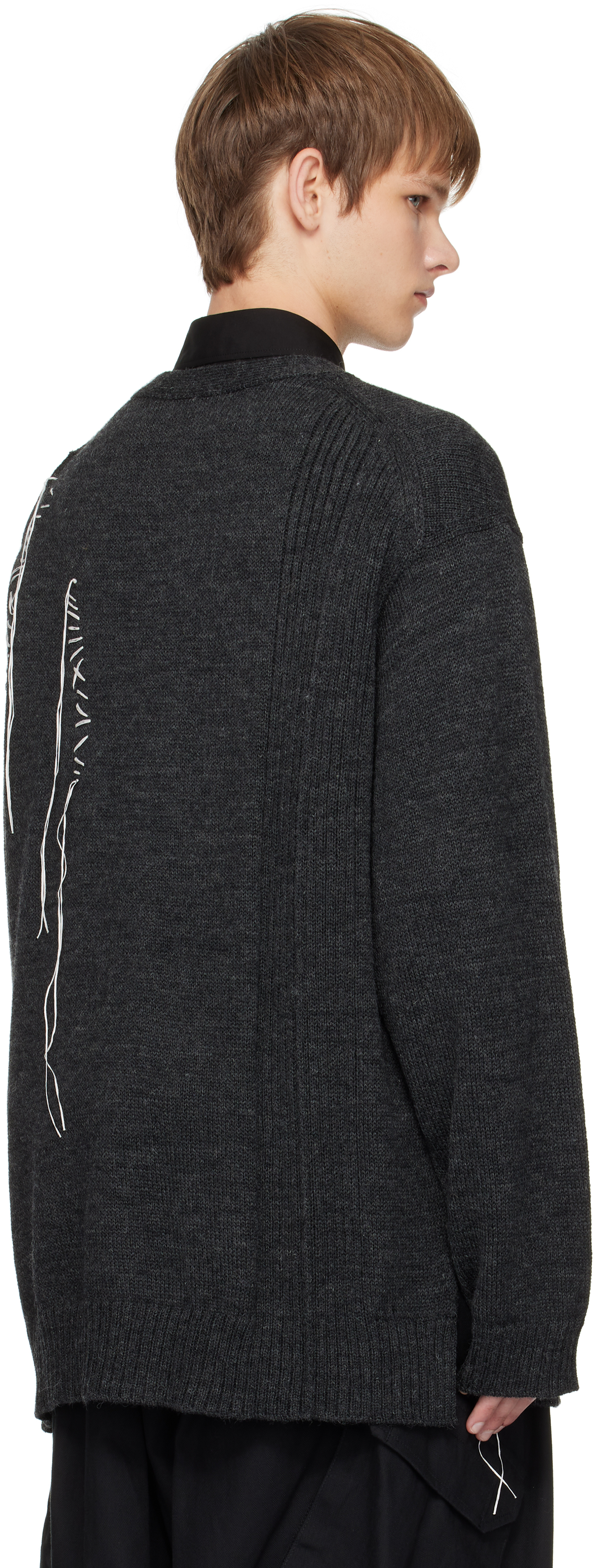Yohji Yamamoto Gray Plain Stitch Embroidery V Neck Cardigan In Gray