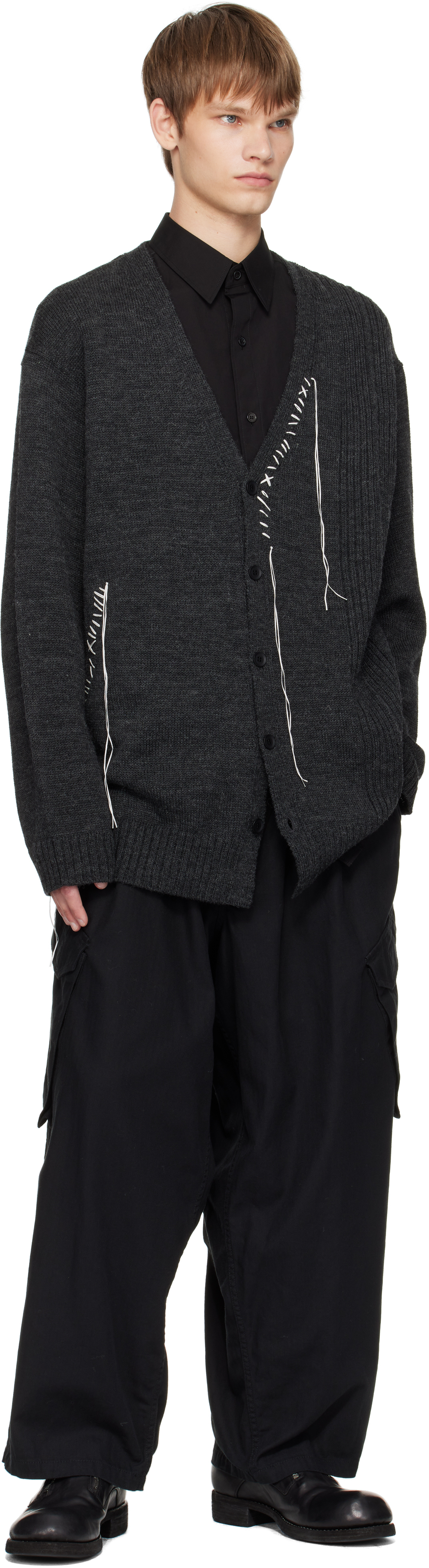 Yohji Yamamoto Gray Plain Stitch Embroidery V Neck Cardigan In Gray