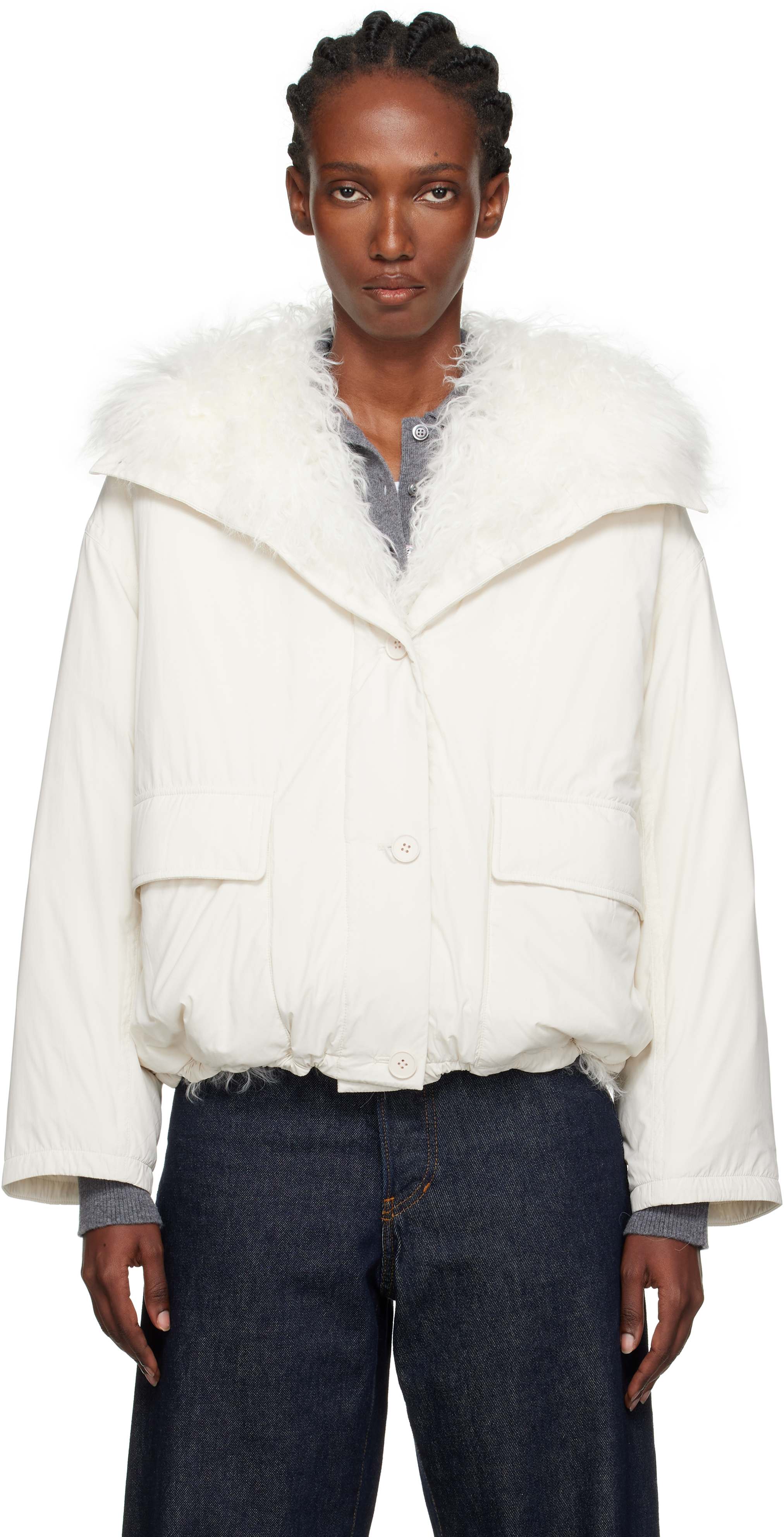 Yves Salomon Off-white Cropped Shearling & Down Jacket In White