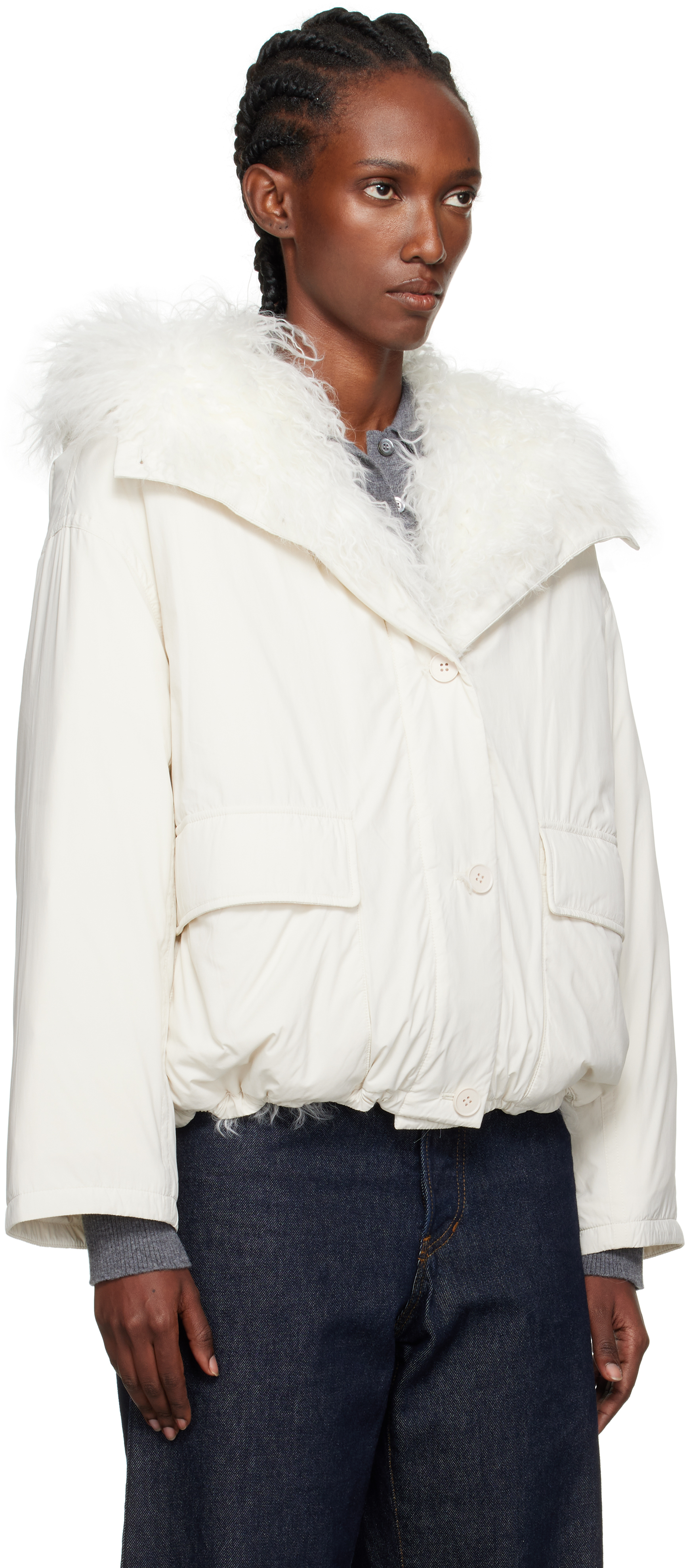 Yves Salomon Off-white Cropped Shearling & Down Jacket In White