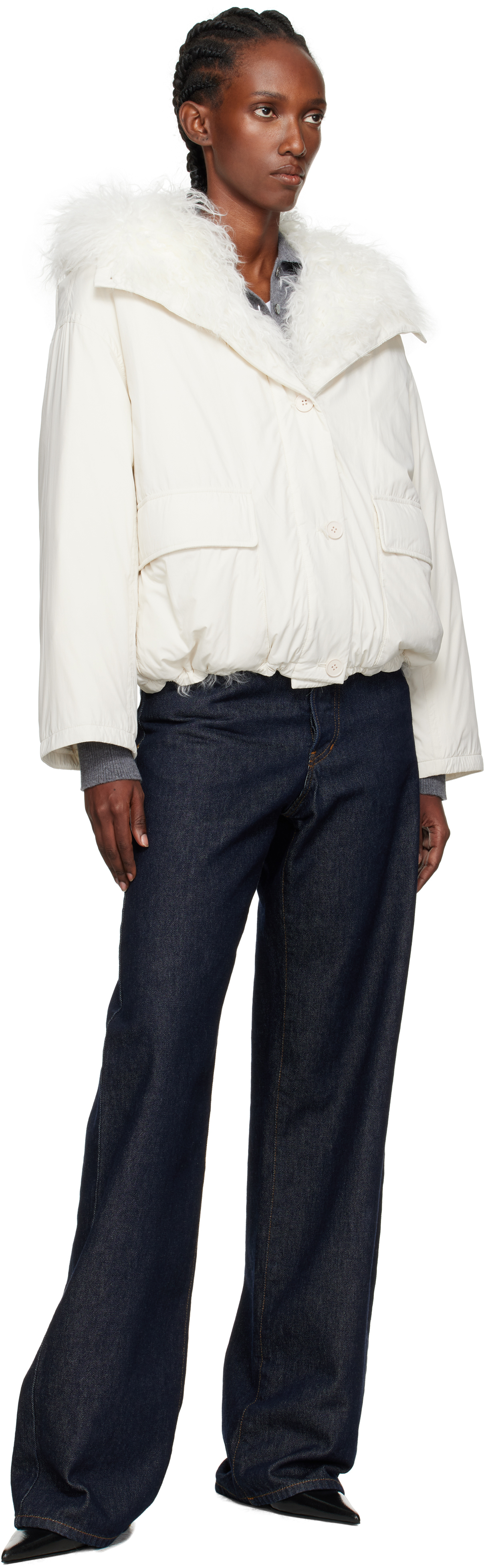 Yves Salomon Off-white Cropped Shearling & Down Jacket In White