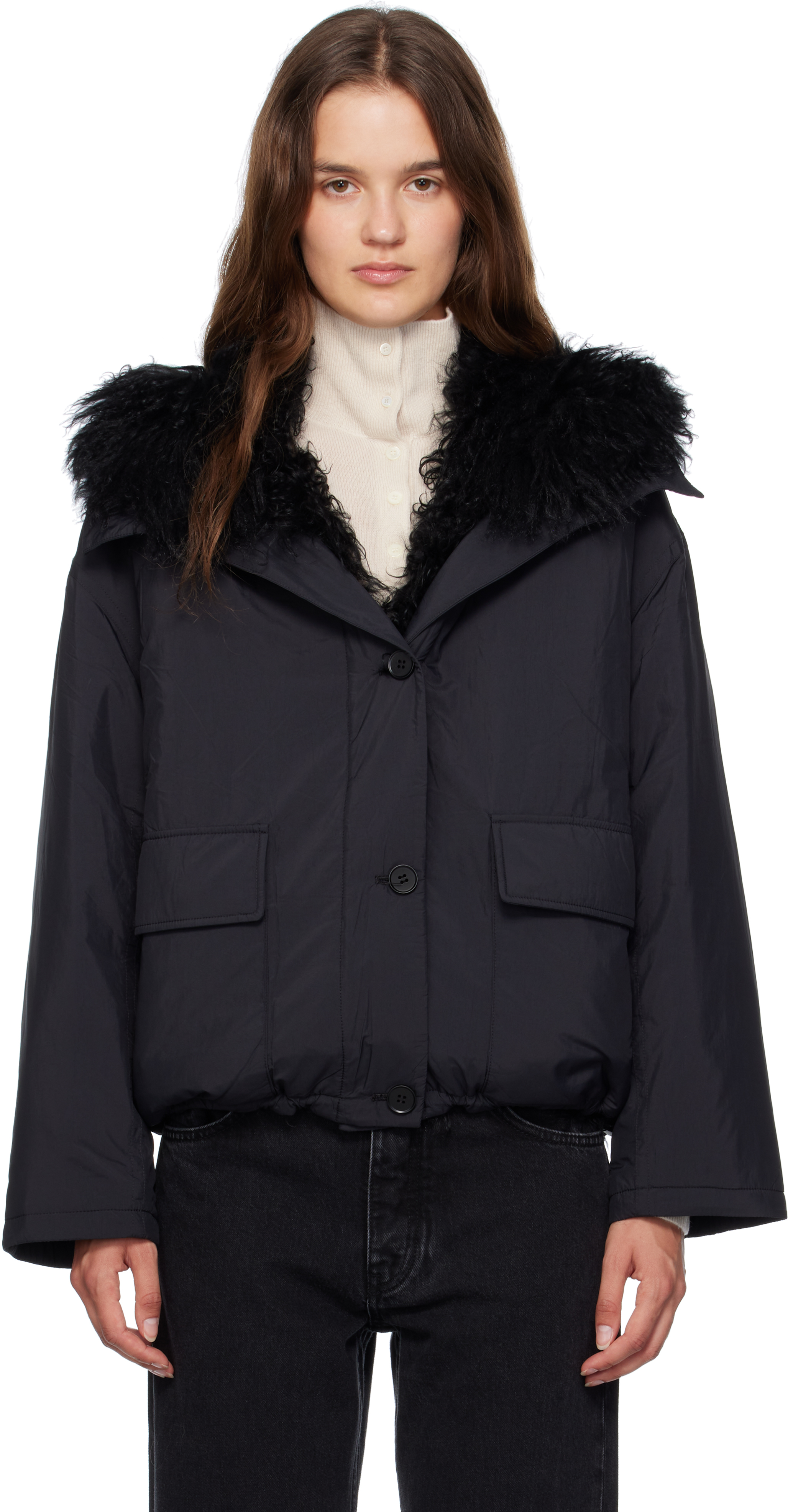 Yves Salomon Black Doudoune Down & Shearling Jacket In Blue