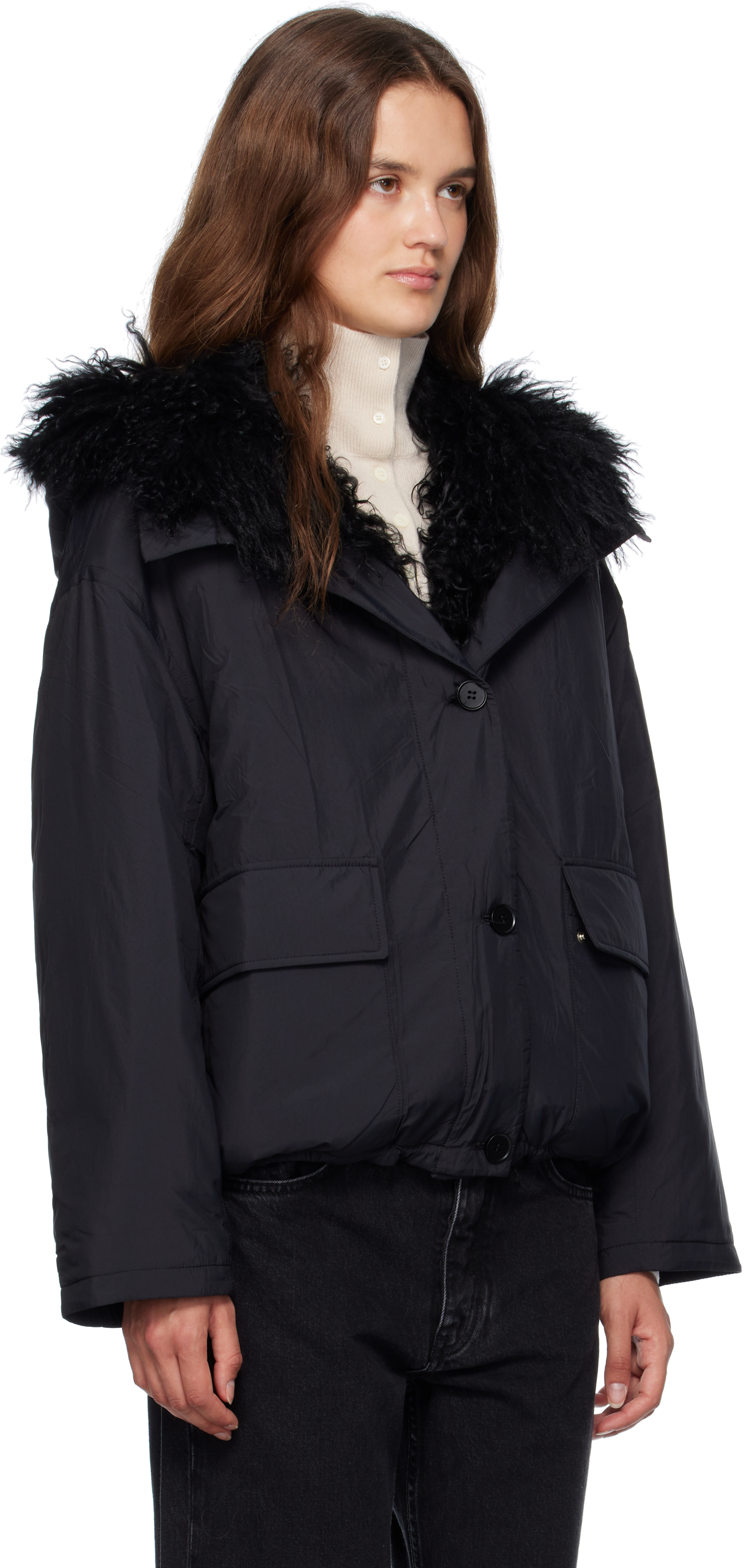 Yves Salomon Black Doudoune Down & Shearling Jacket In Blue