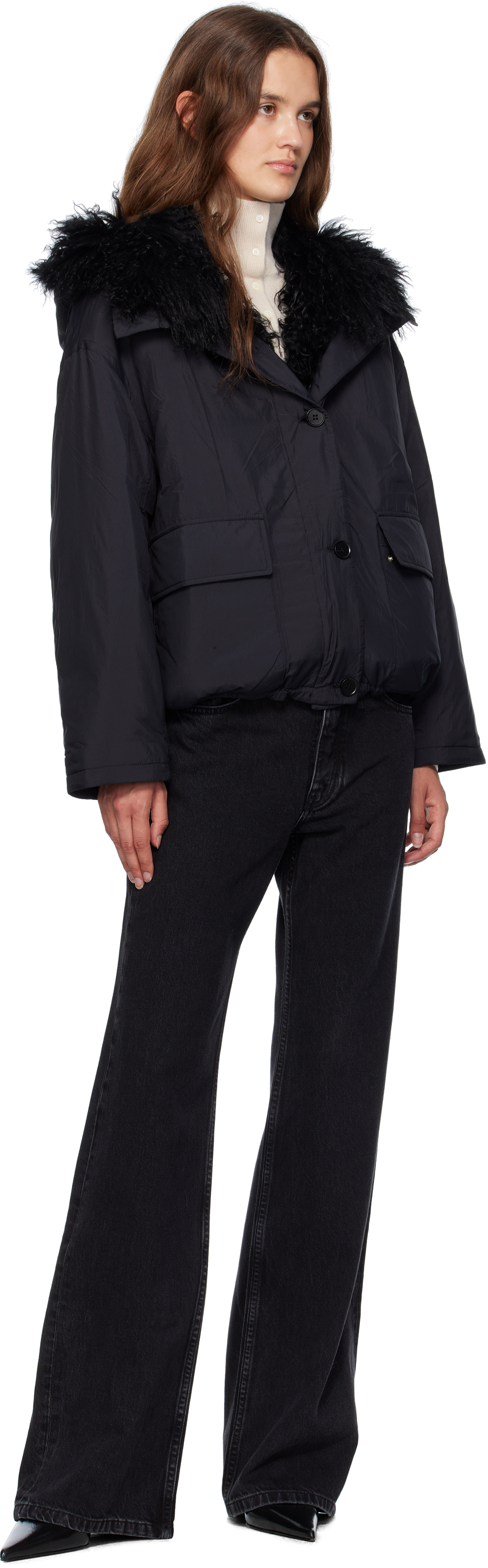 Yves Salomon Black Doudoune Down & Shearling Jacket In Blue