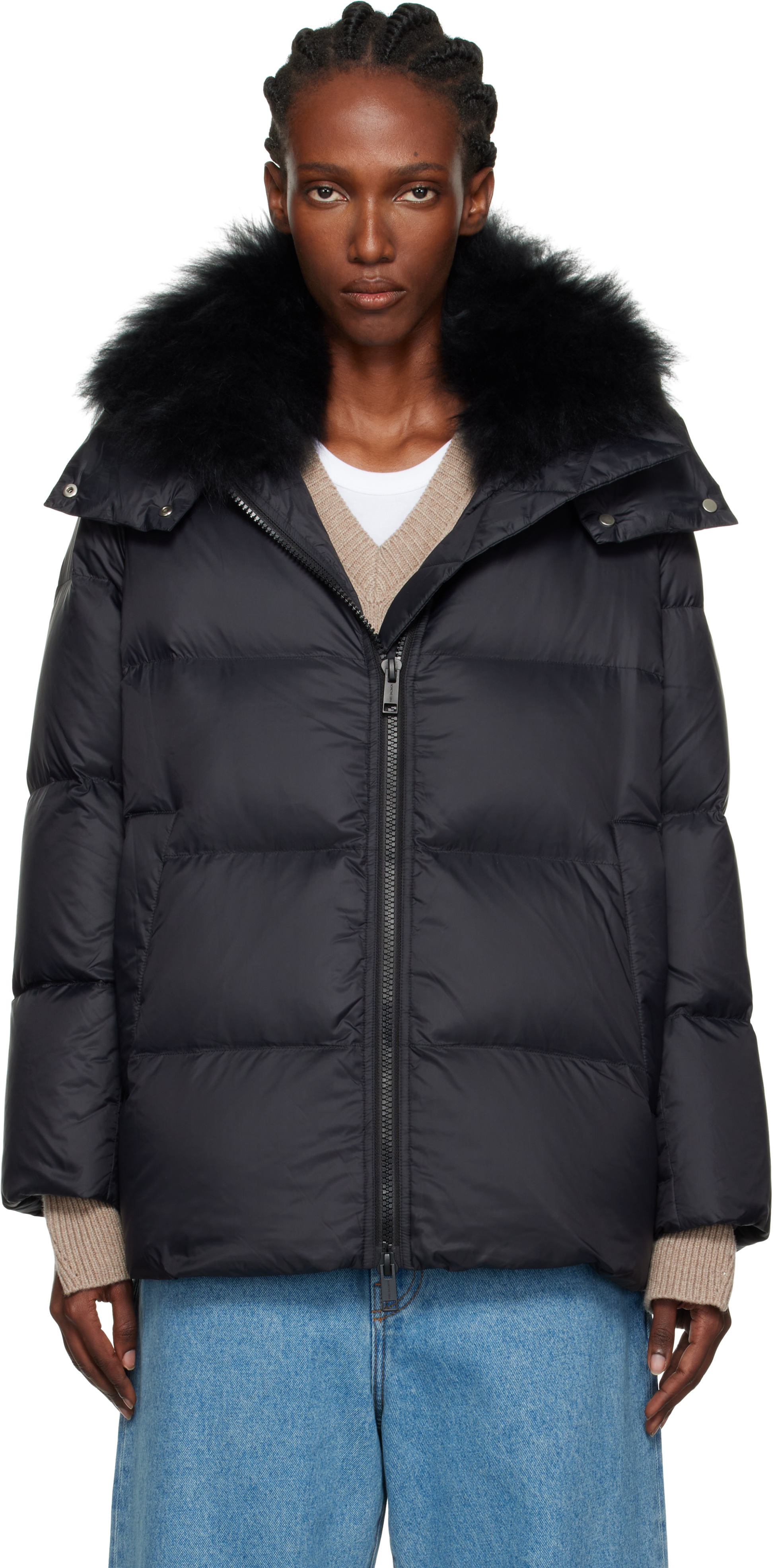 Yves Salomon Black Iconic A Line Lambswool Collar Down Jacket In Black