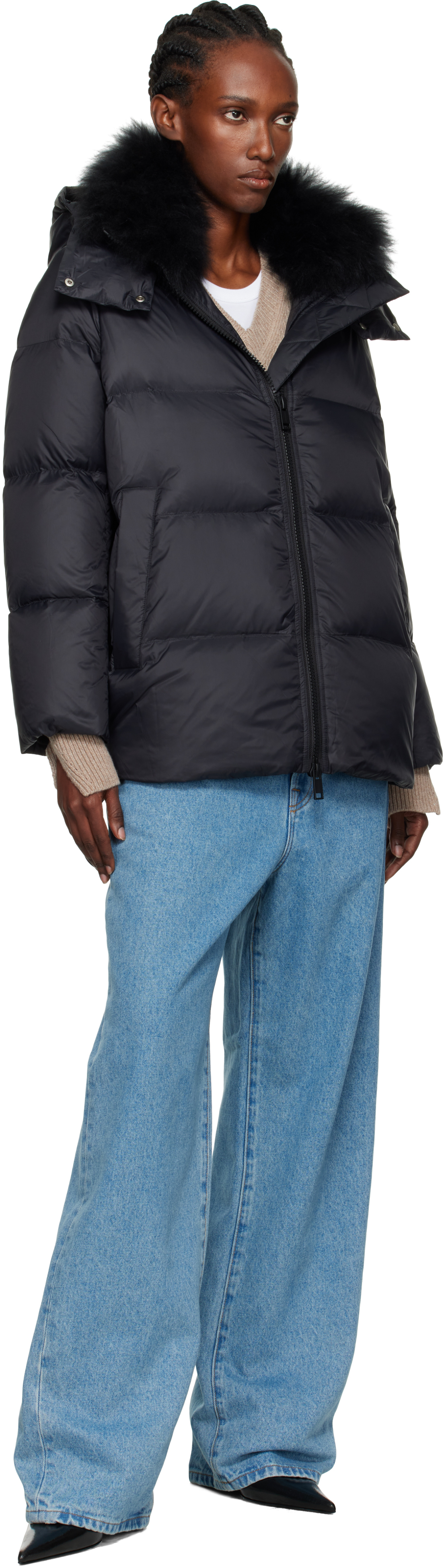 Yves Salomon Black Iconic A Line Lambswool Collar Down Jacket In Black