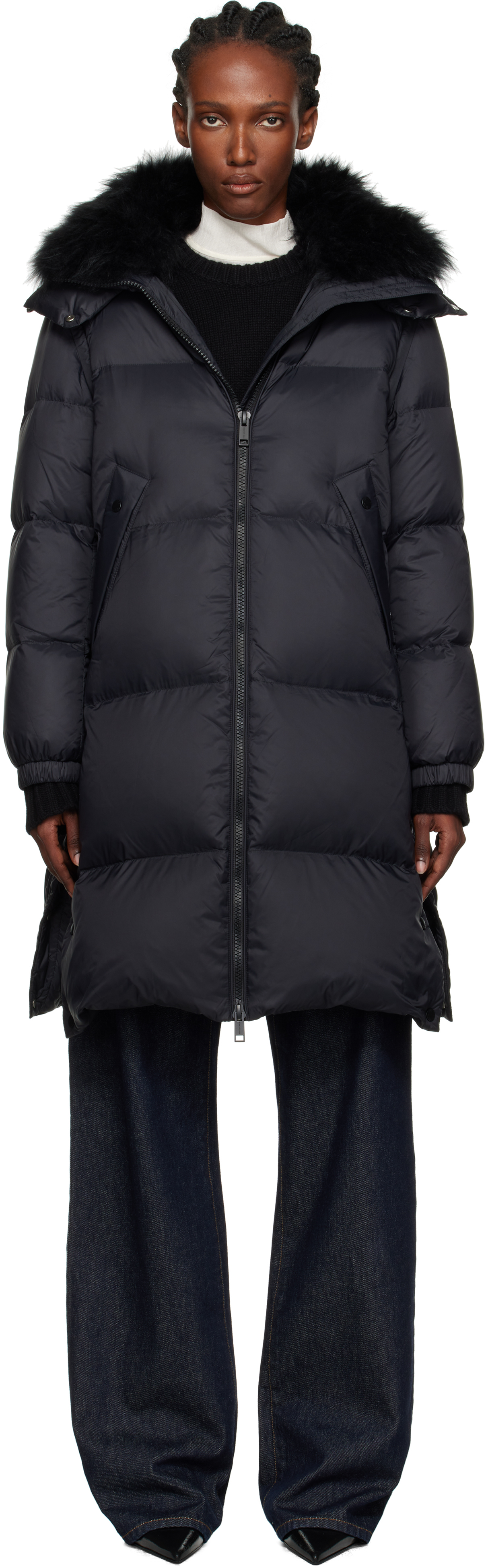 YVES SALOMON ダウン A” line hooded down jacket with fox fur - grey - Yves Salomon