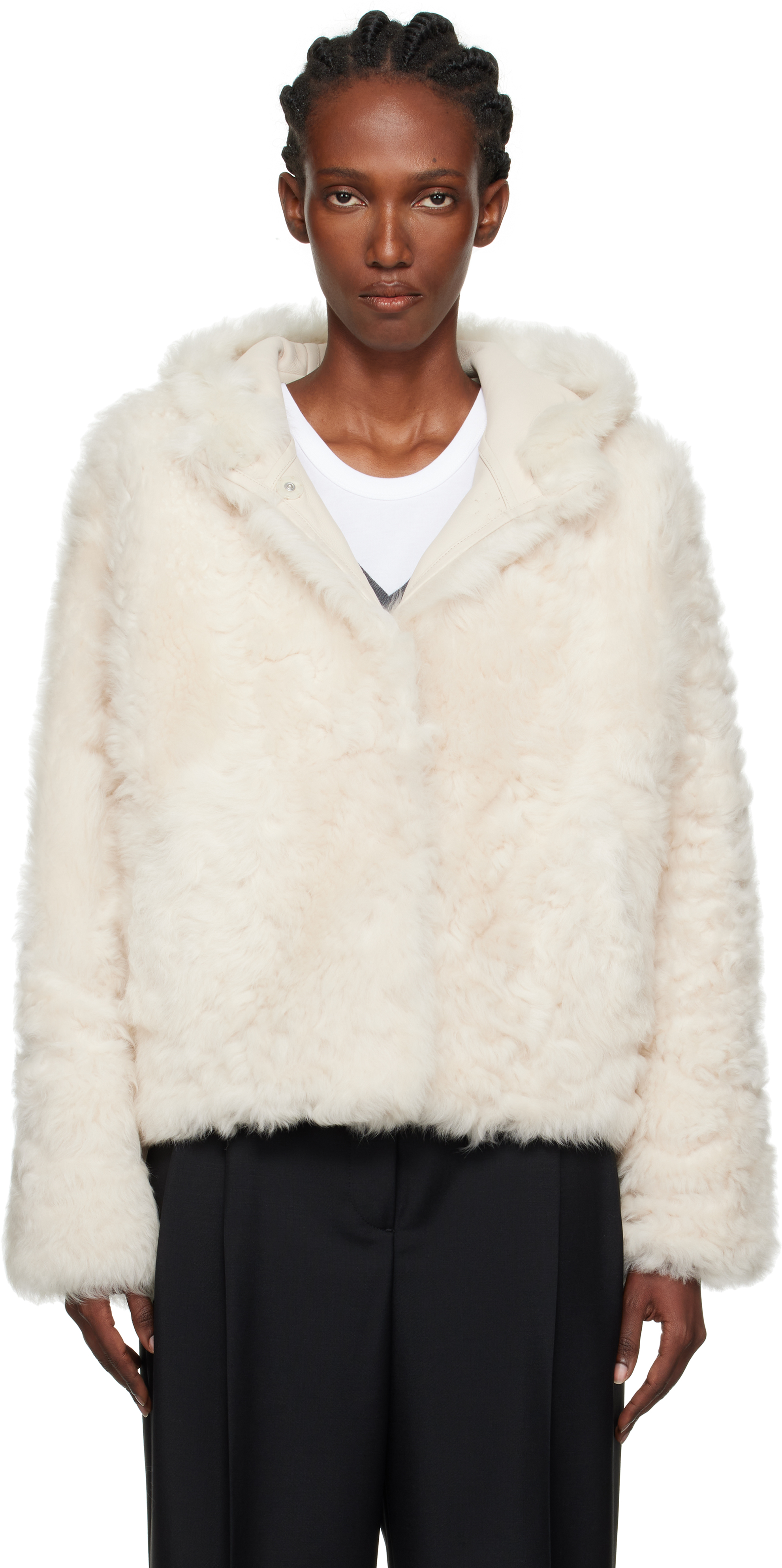 Yves Salomonのオフホワイト ショート フード シアリングジャケットが