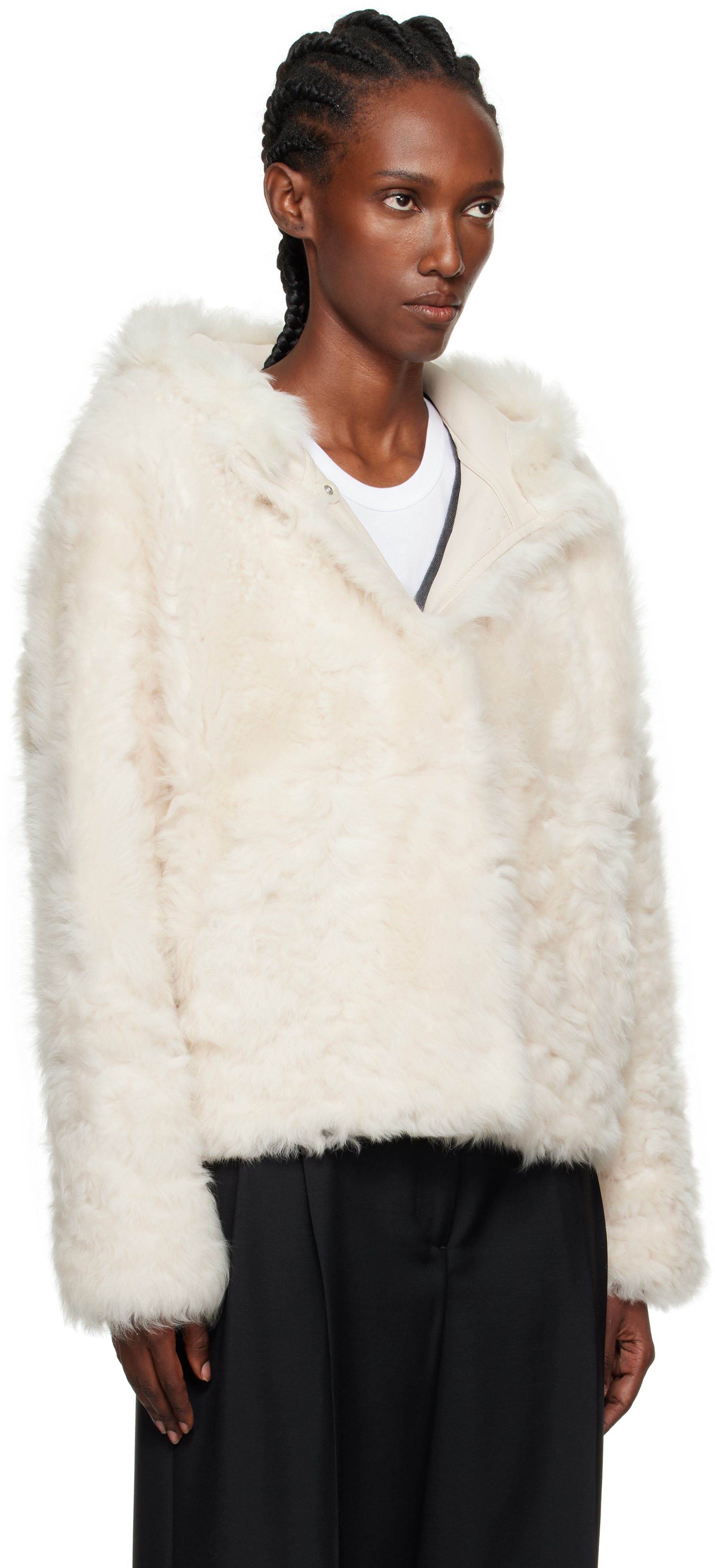 Yves Salomon Off-white Short Hooded Shearling Jacket In White