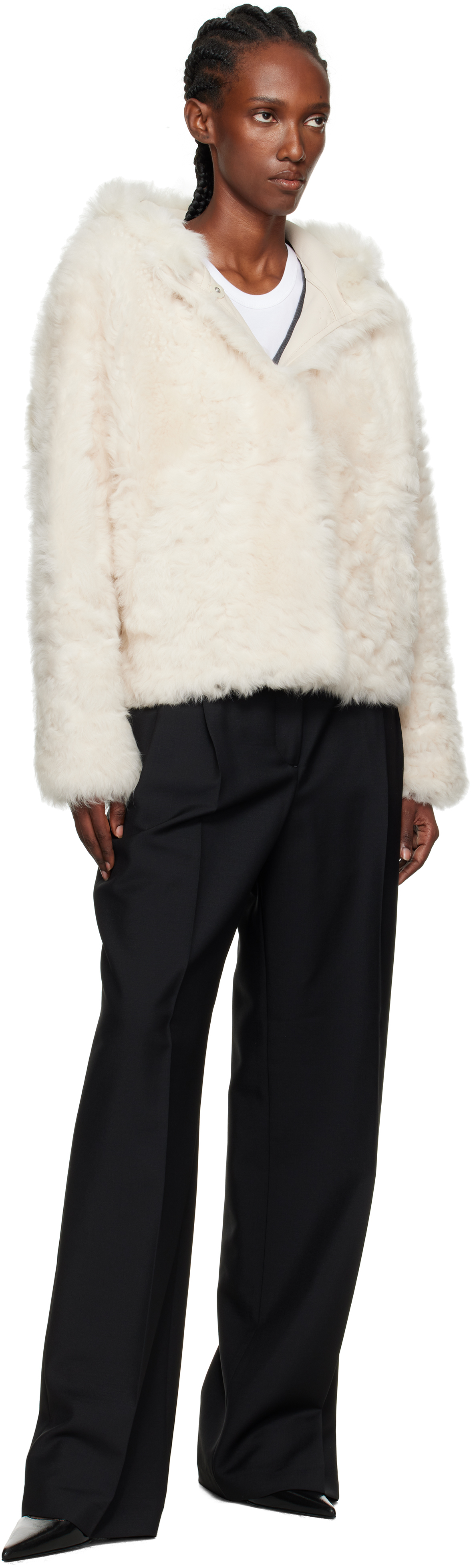 Yves Salomon Off-white Short Hooded Shearling Jacket In White