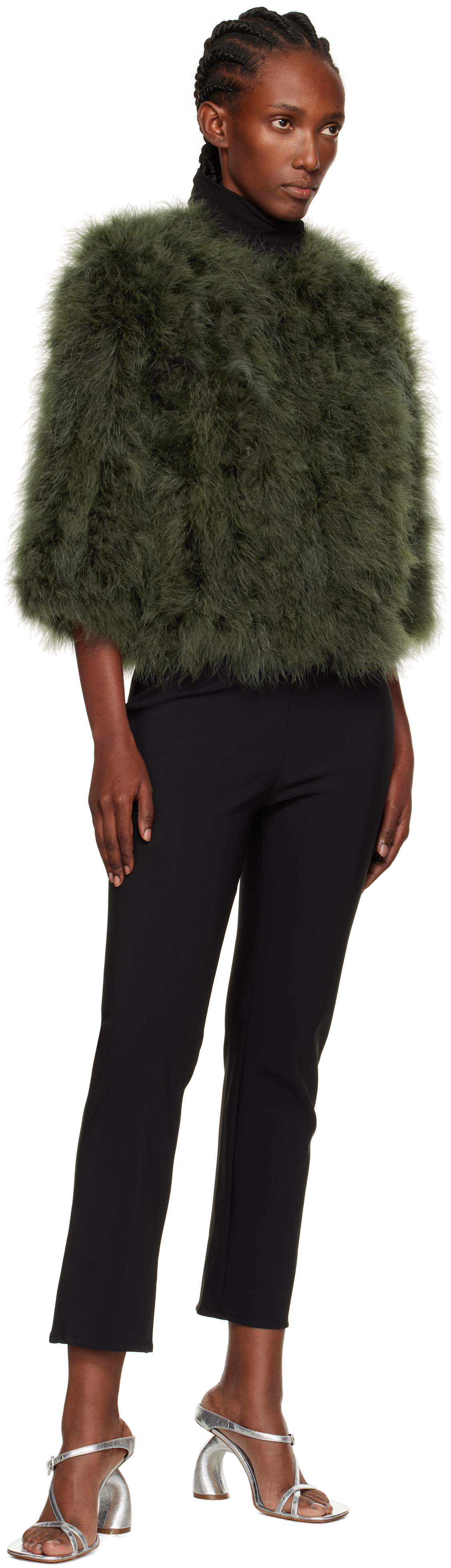Yves Salomon Khaki Cropped Feather Jacket In Green