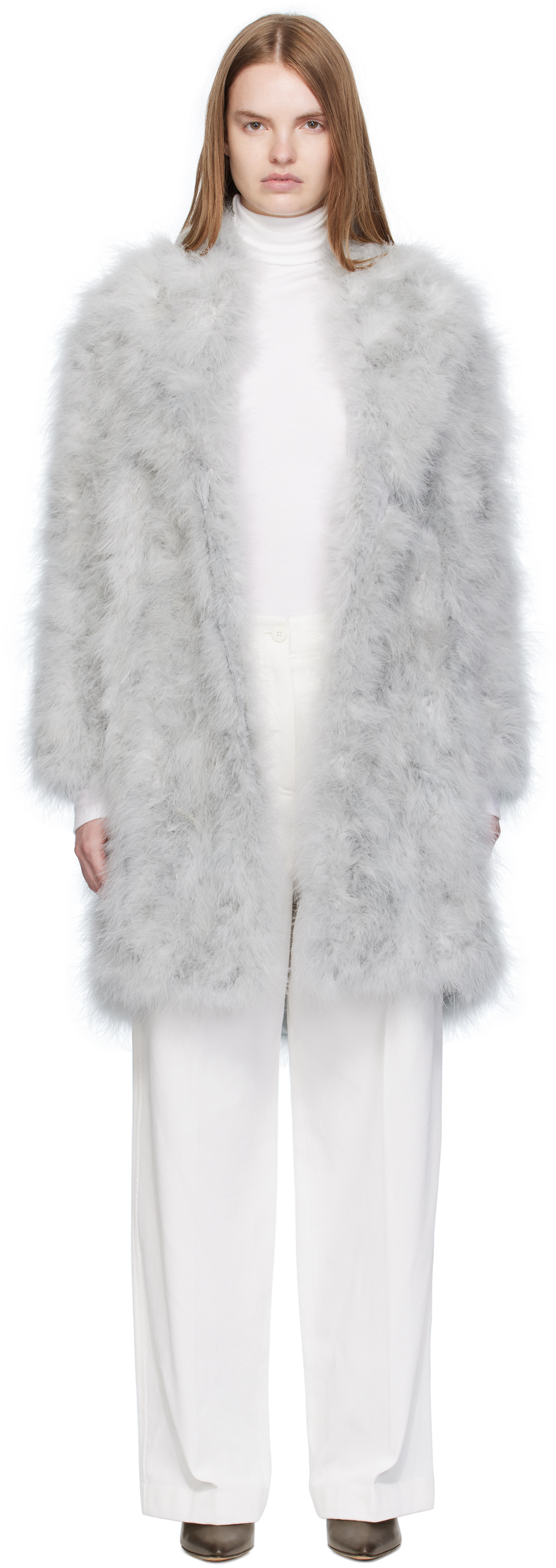 Yves Salomon Gray Feather Shawl Collar Coat In Gray