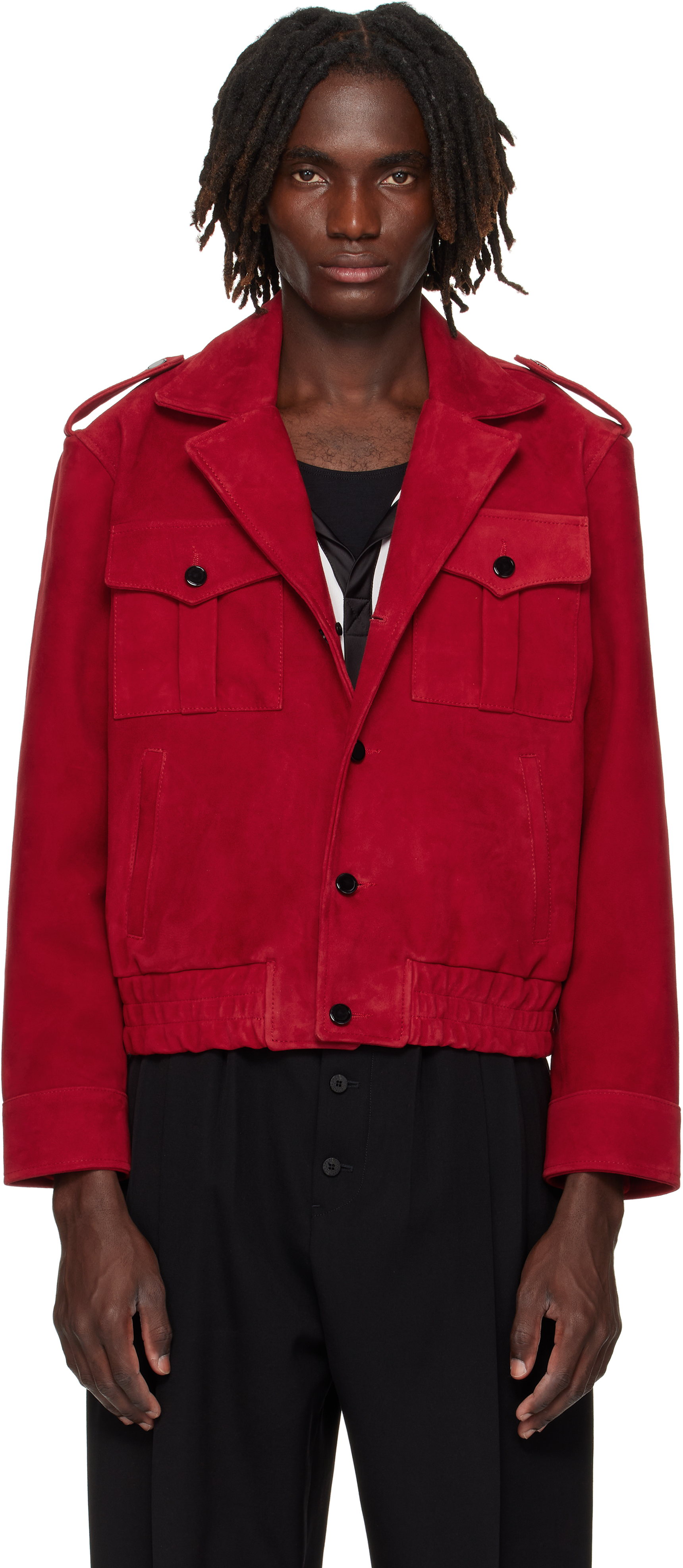 Red Military Suede Bomber Jacket