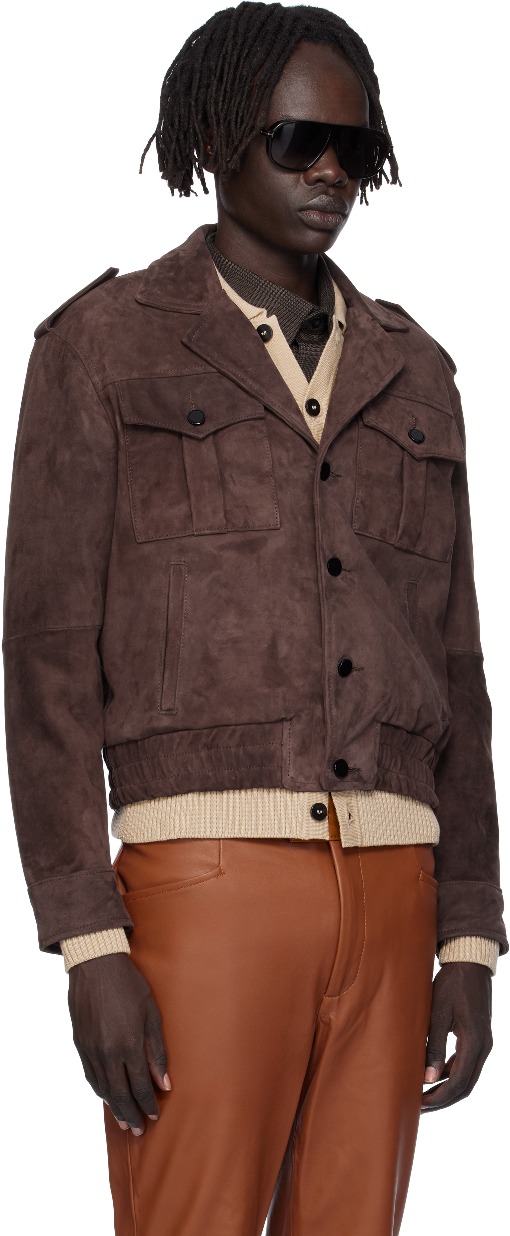 Ernest W Baker Brown Suede Military Bomber Jacket In Brown