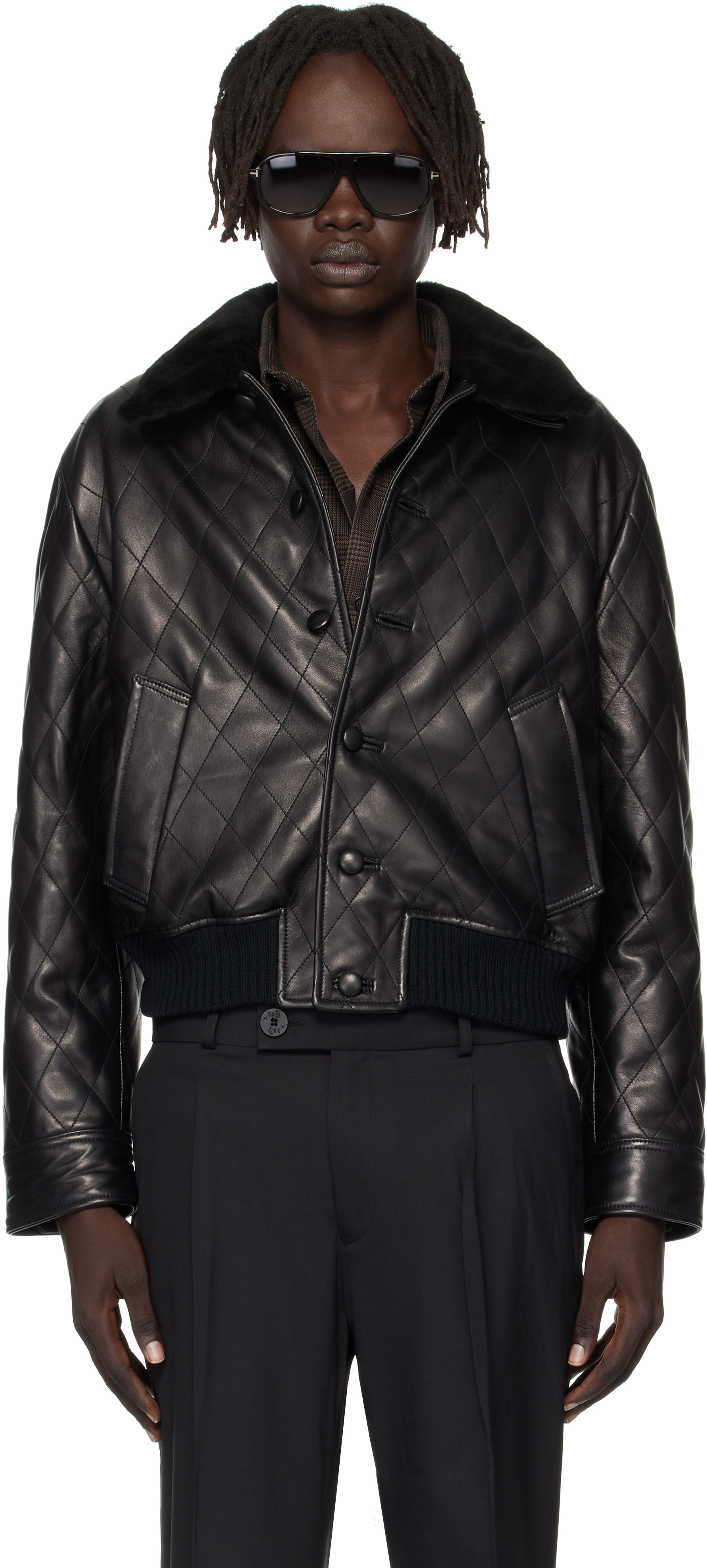 Ernest W Baker Black Quilted Leather Bomber Jacket In Black