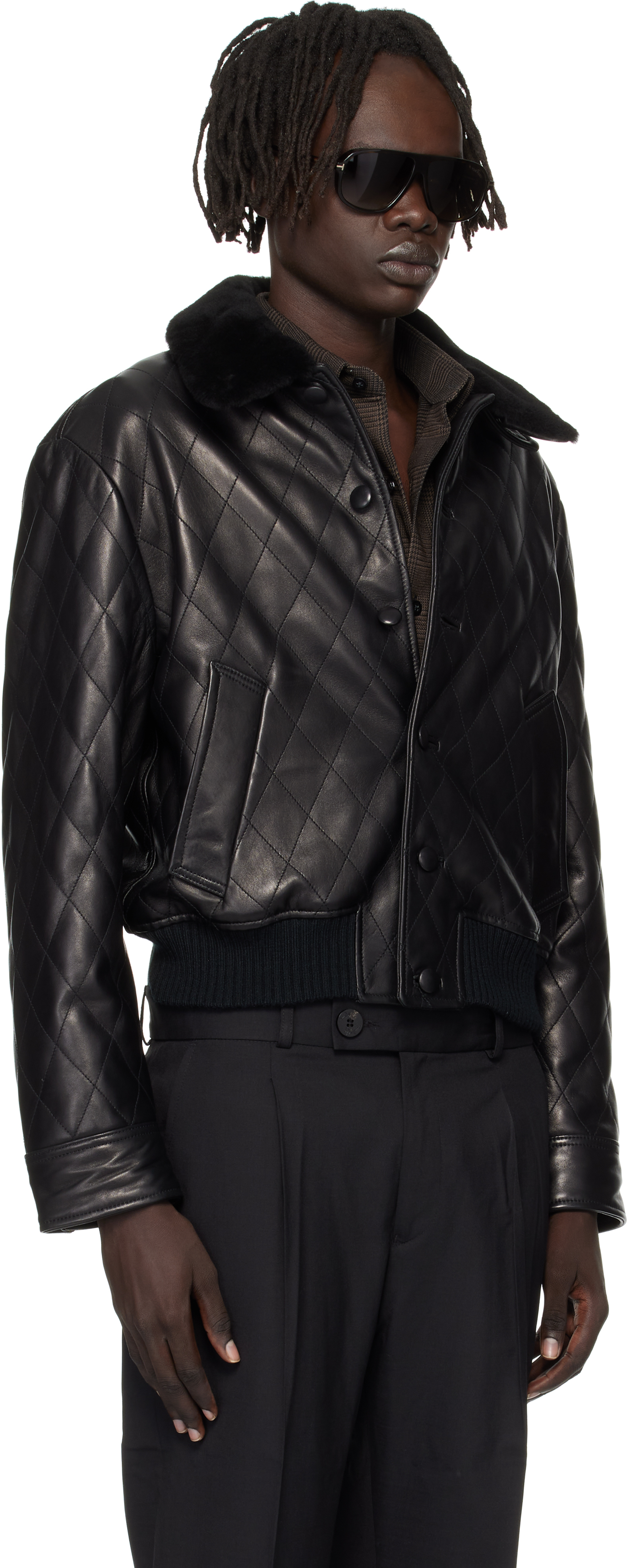 Ernest W Baker Black Quilted Leather Bomber Jacket In Black