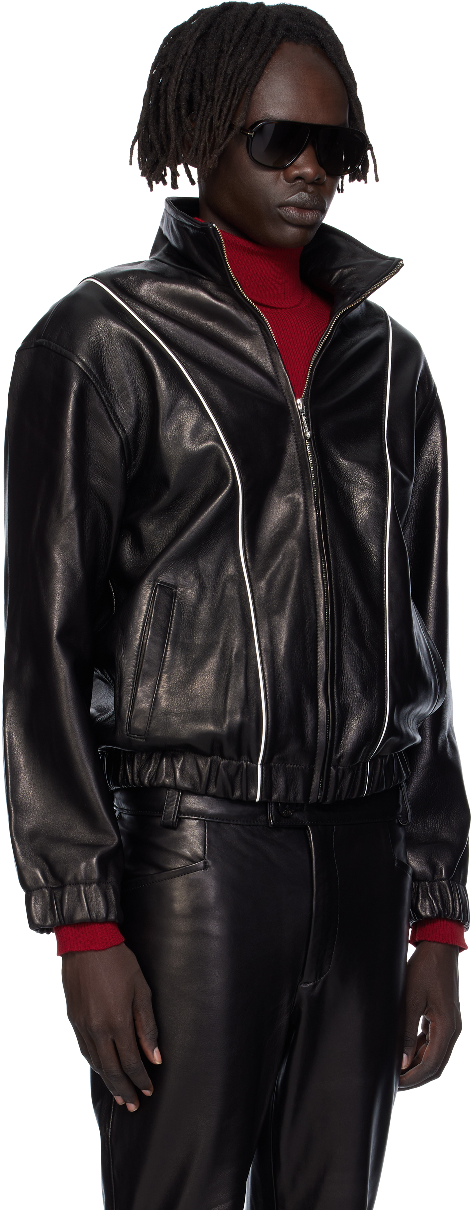 Ernest W Baker Black Leather Track Jacket In Black
