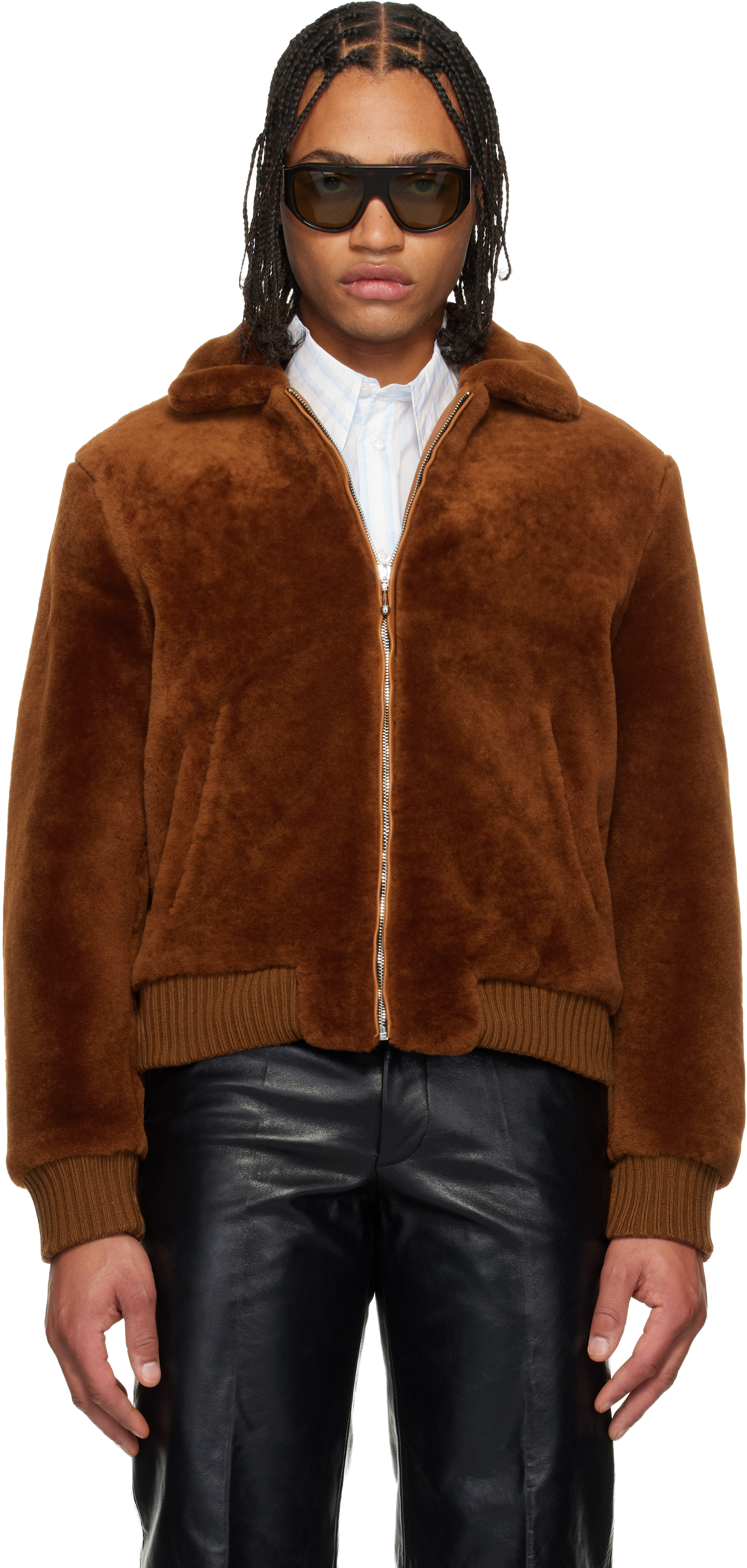 Ernest W Baker Brown Zip Shearling Jacket