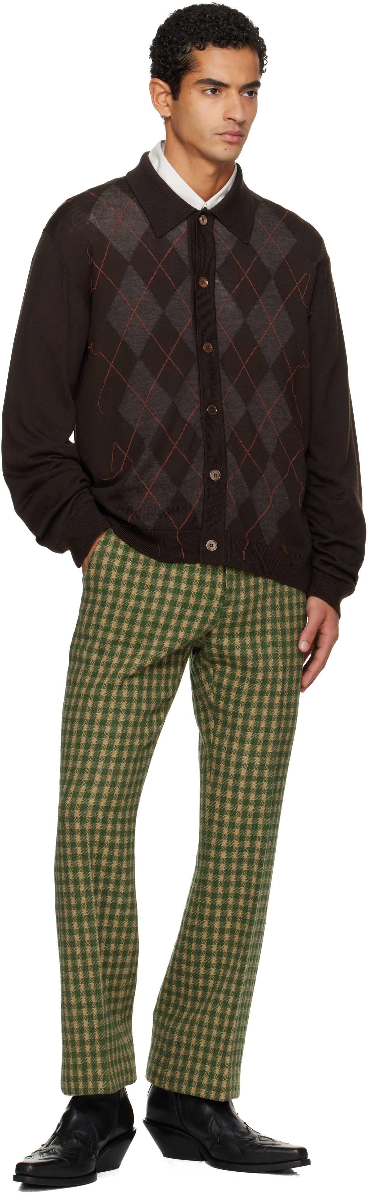 Ernest W Baker Green & Beige Loose Fit Flare Trousers In Green