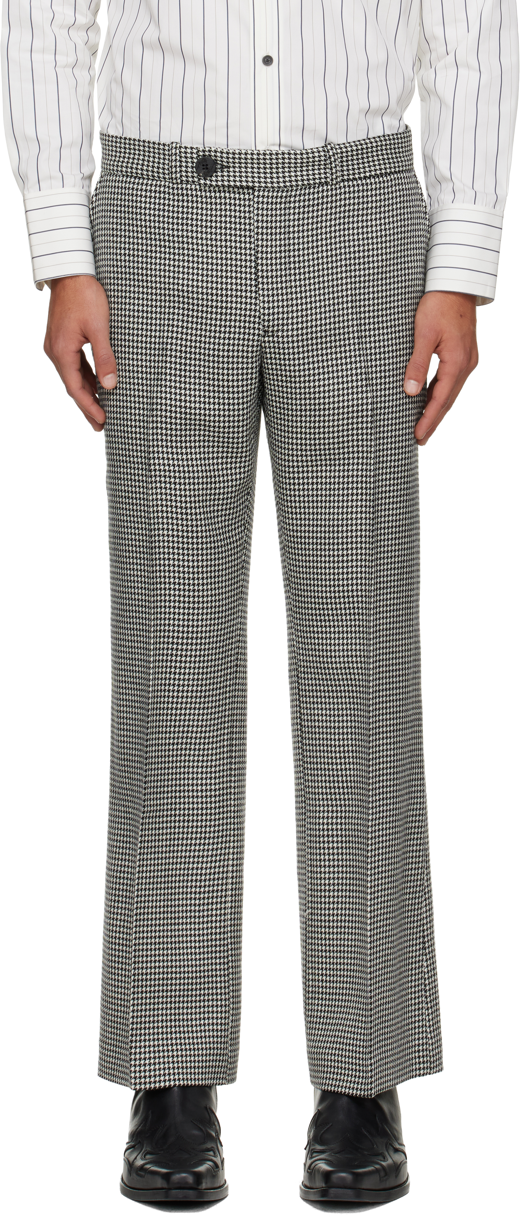 Ernest W Baker Black & White Loose Fit Flare Trousers In Green