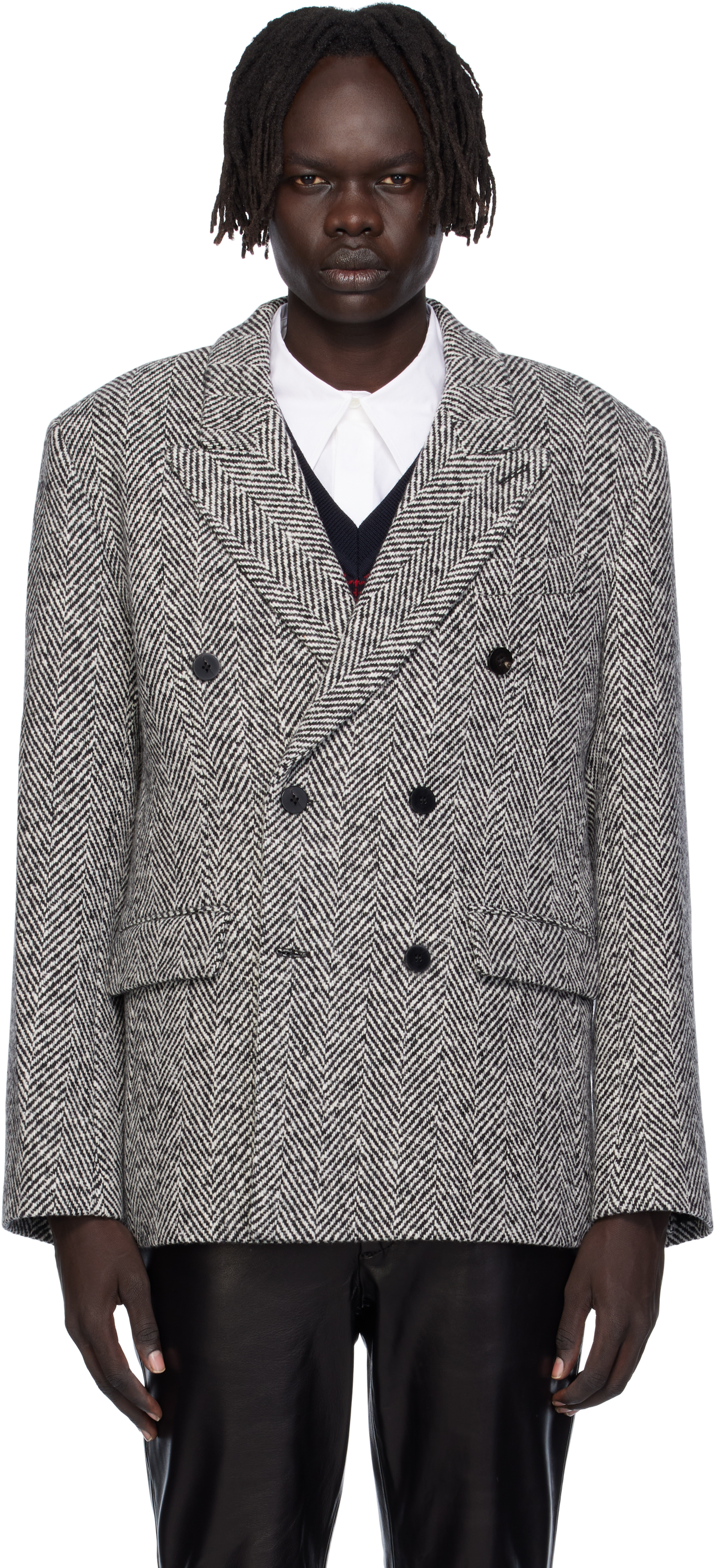Ernest W Baker Black & White Six Button Double-breasted Blazer In Gray