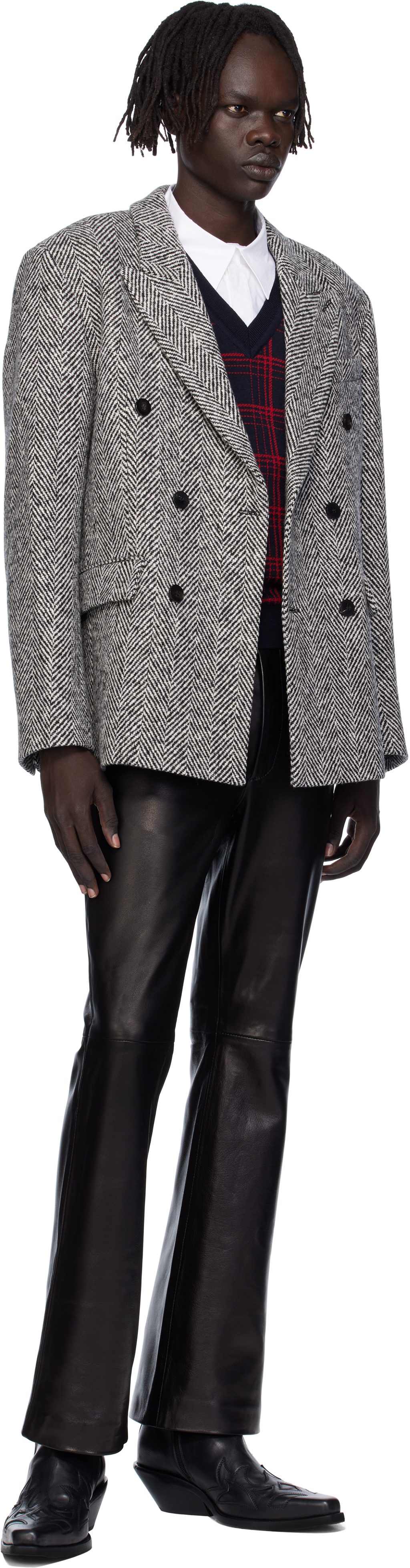 Ernest W Baker Black & White Six Button Double-breasted Blazer In Gray