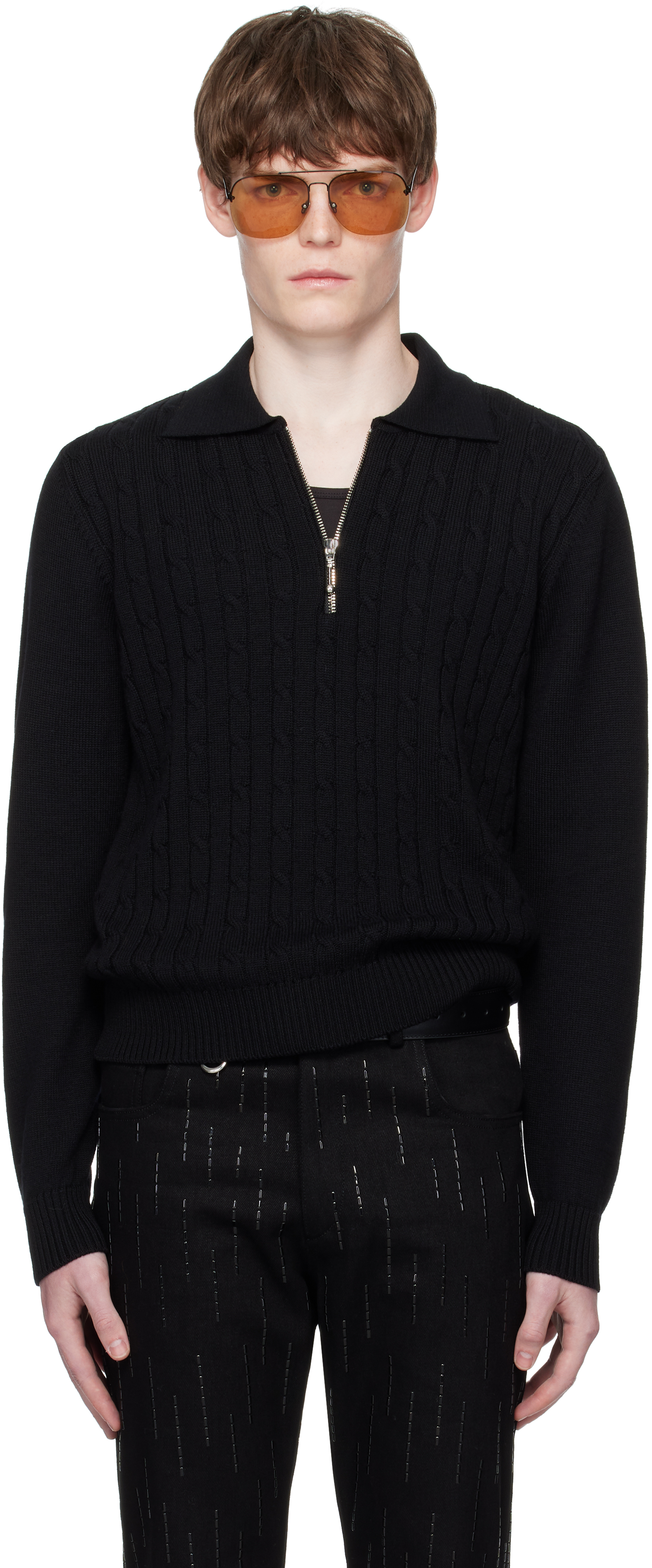 Black Cable Knit Zip Polo