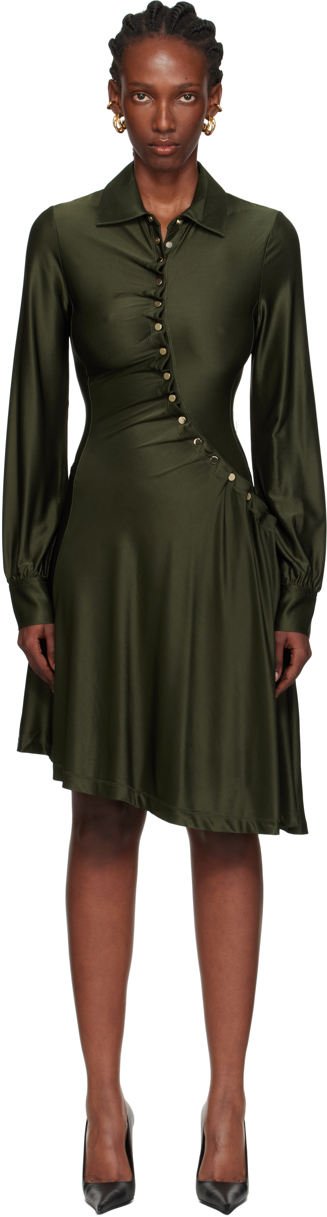 Rabanne Ruched Button Long-sleeve Mini Shirtdress In Green