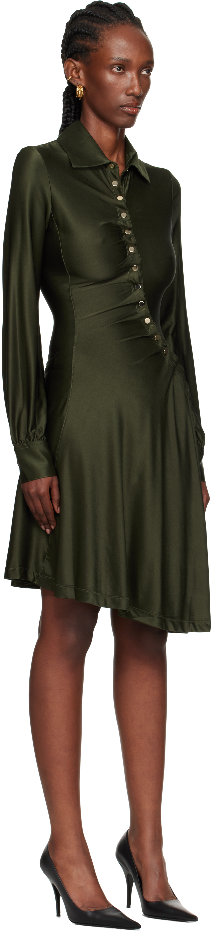 Rabanne Ruched Button Long-sleeve Mini Shirtdress In Green