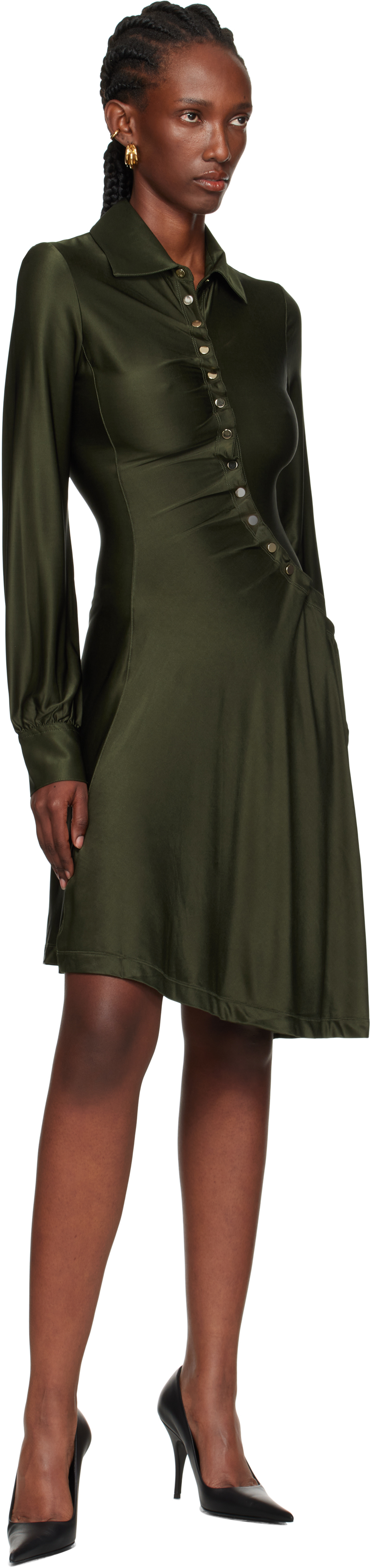 Rabanne Ruched Button Long-sleeve Mini Shirtdress In Green